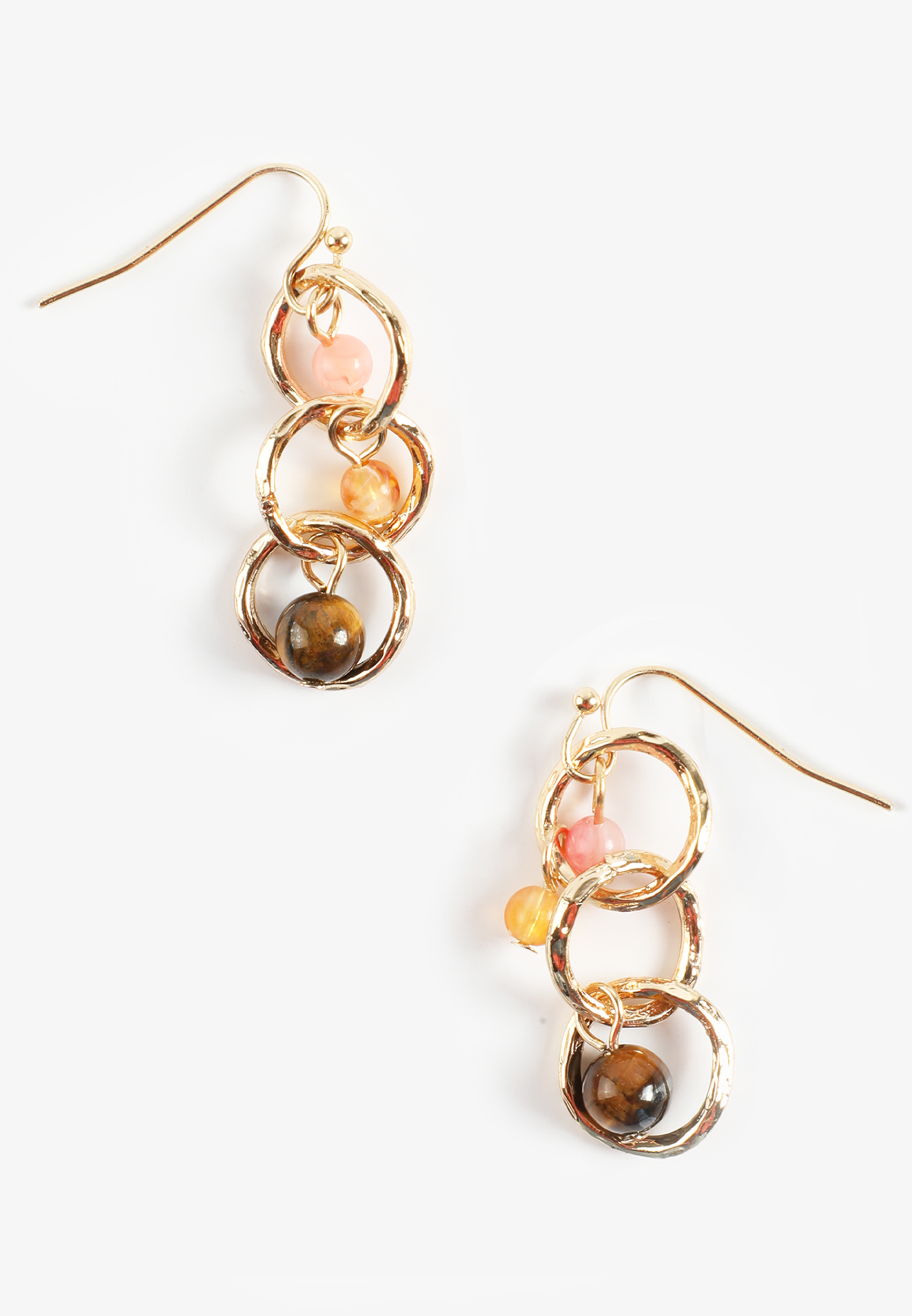 Gold Circle Link Triple Bead Drop Earrings
