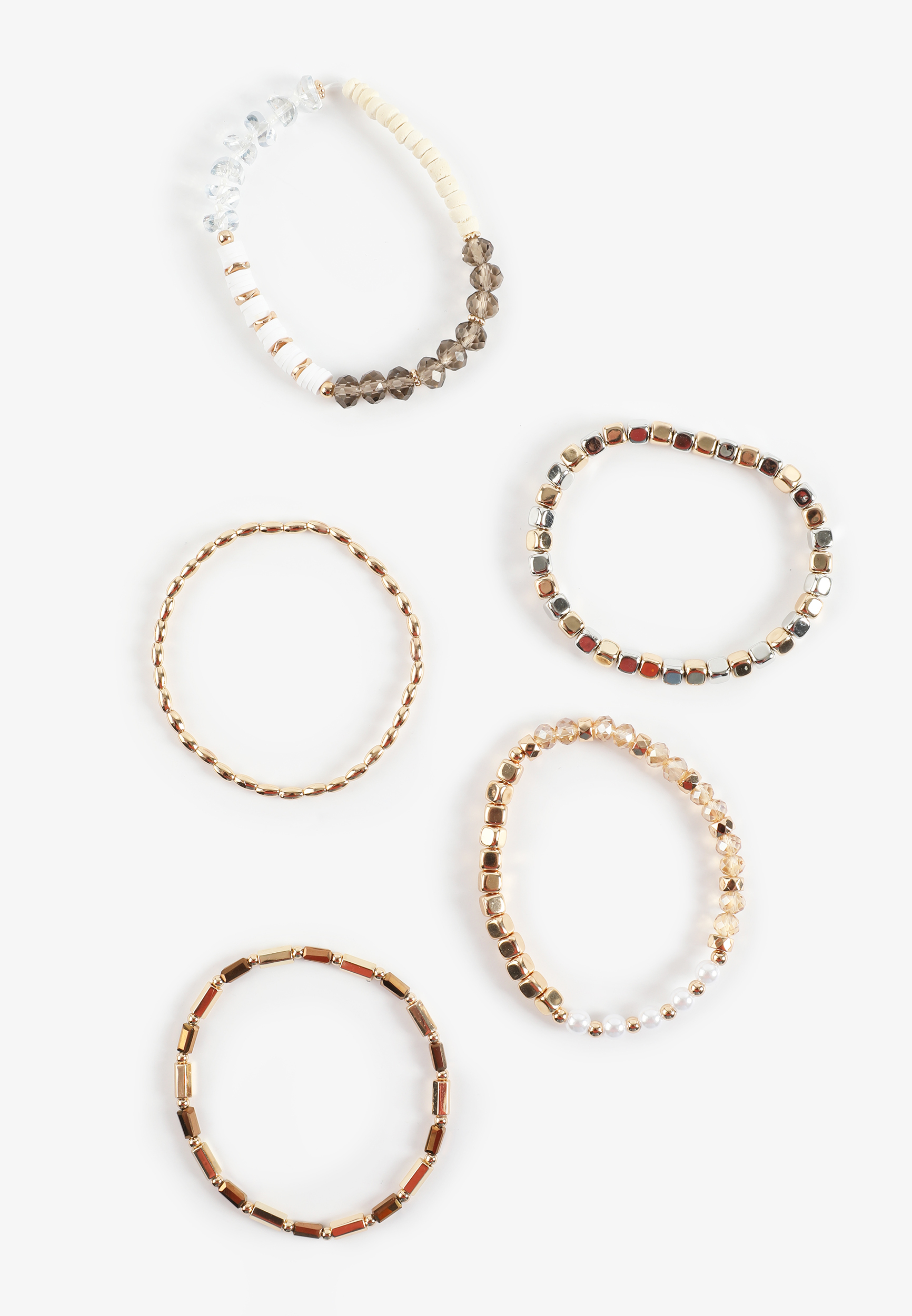 Gold And Neutral Mixed Bead Stretch Bracelet Set, C605, large
