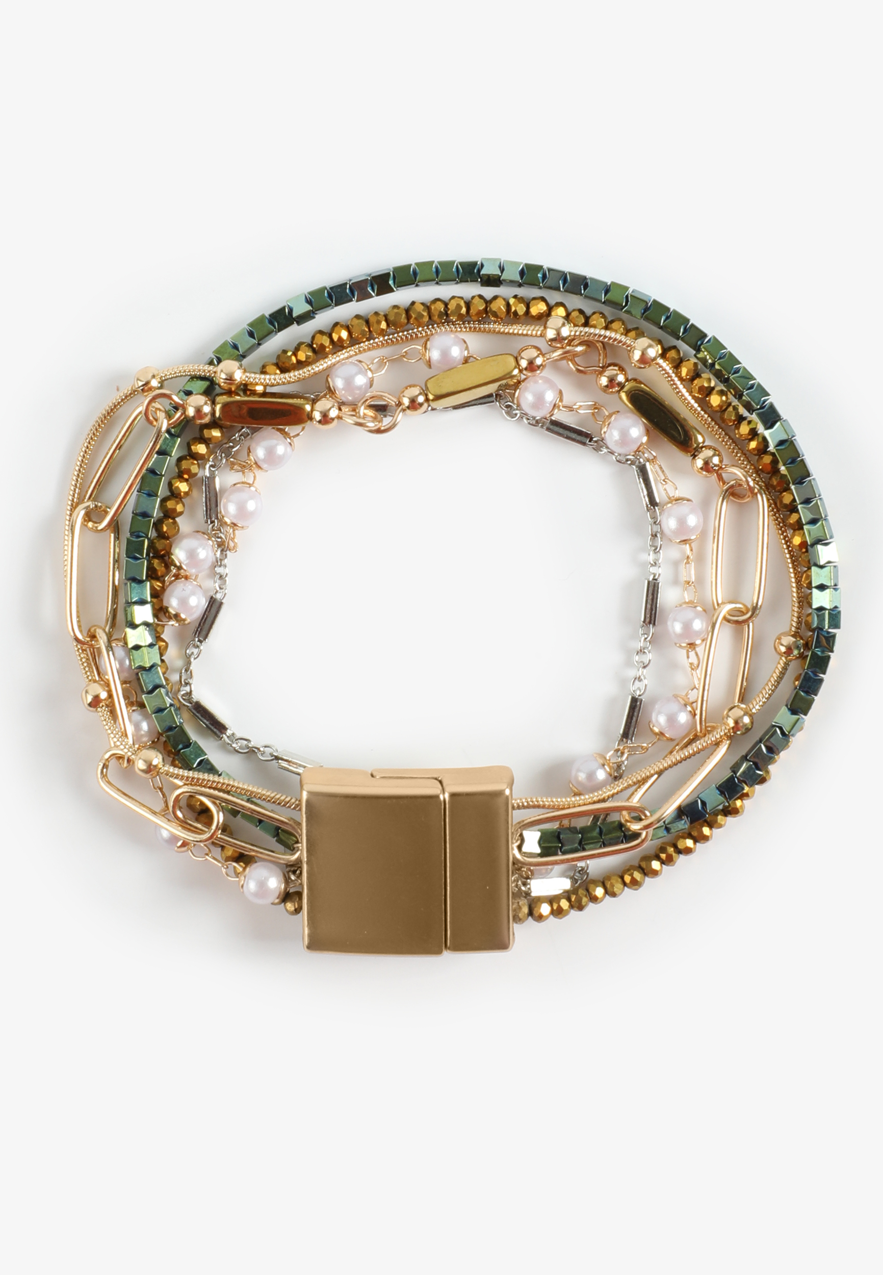 Gold And Green Layered Beaded Magnet Bracelet