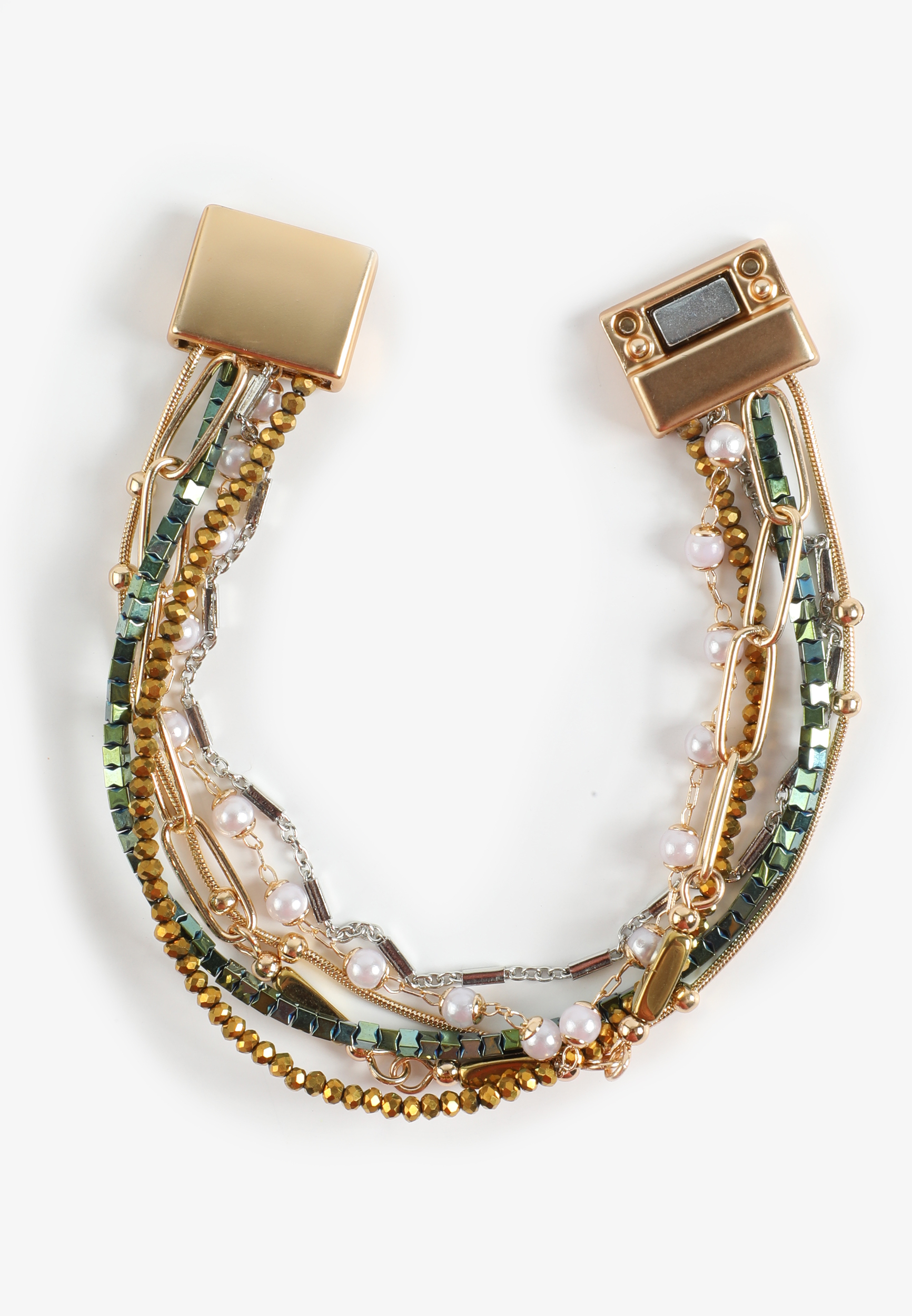 Gold And Green Layered Beaded Magnet Bracelet, C605, large