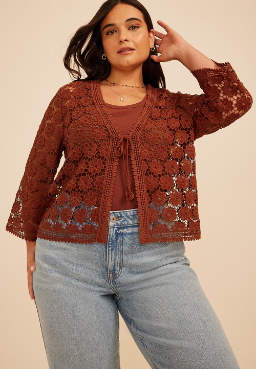 Plus Size Floral Crochet Tie Front Cardigan | maurices