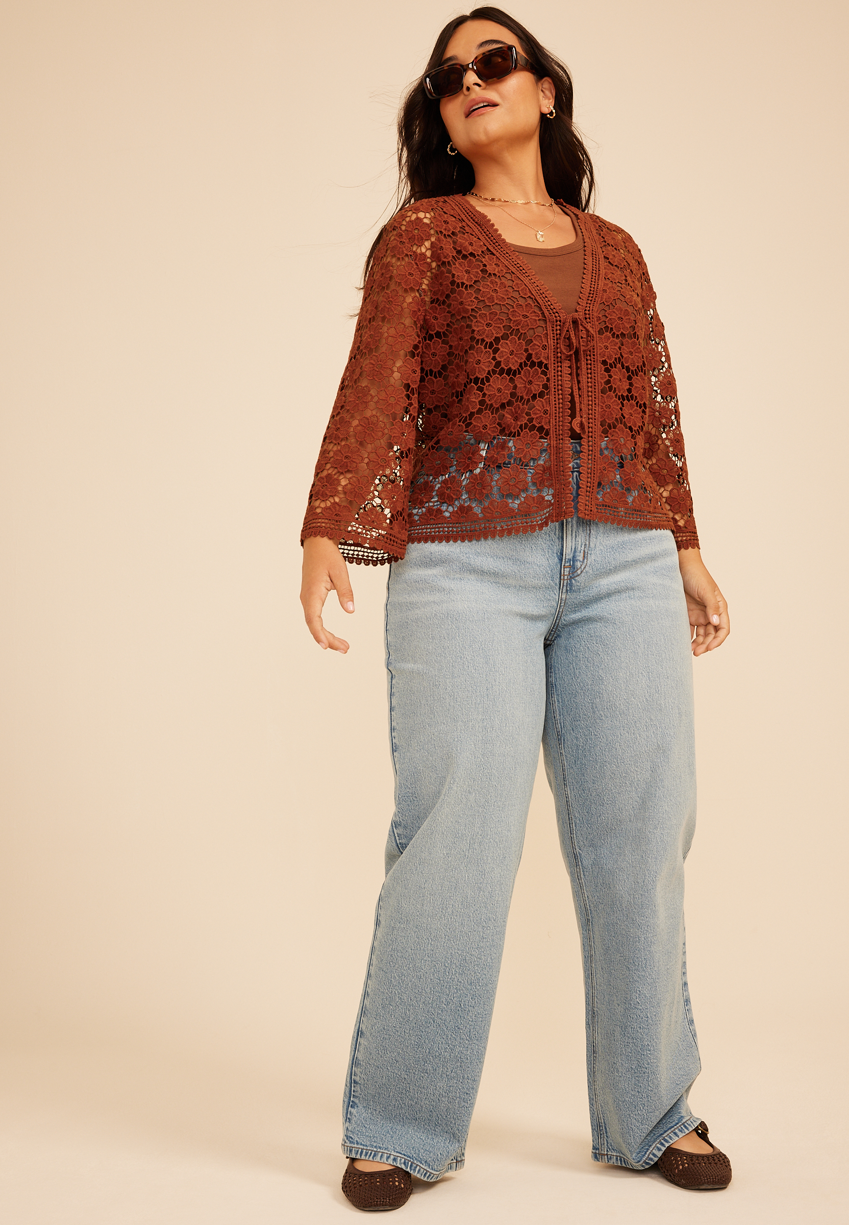 Plus Size Floral Crochet Tie Front Cardigan, C8482, large