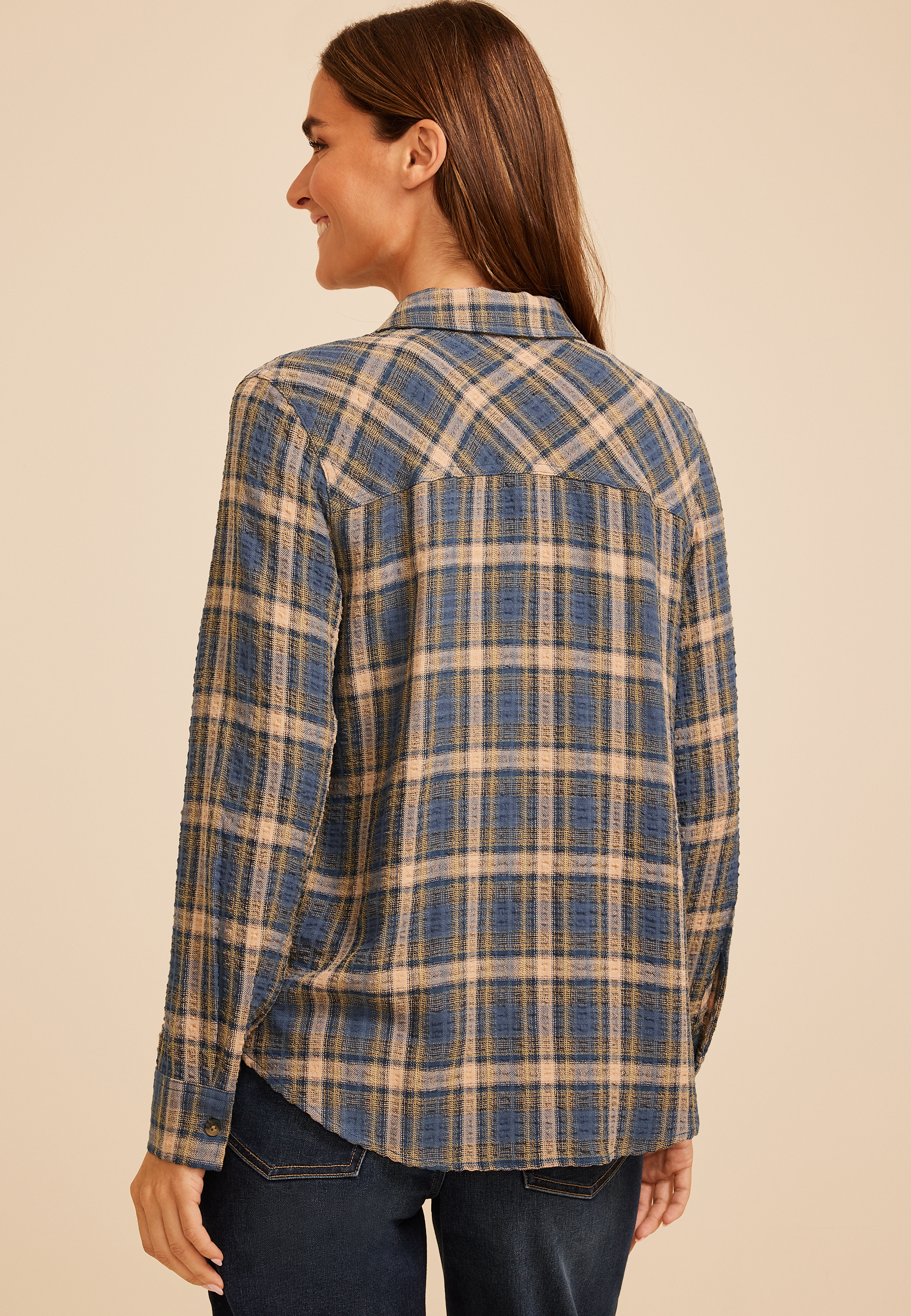 Pucker Plaid Button Down Shirt, C1425, large