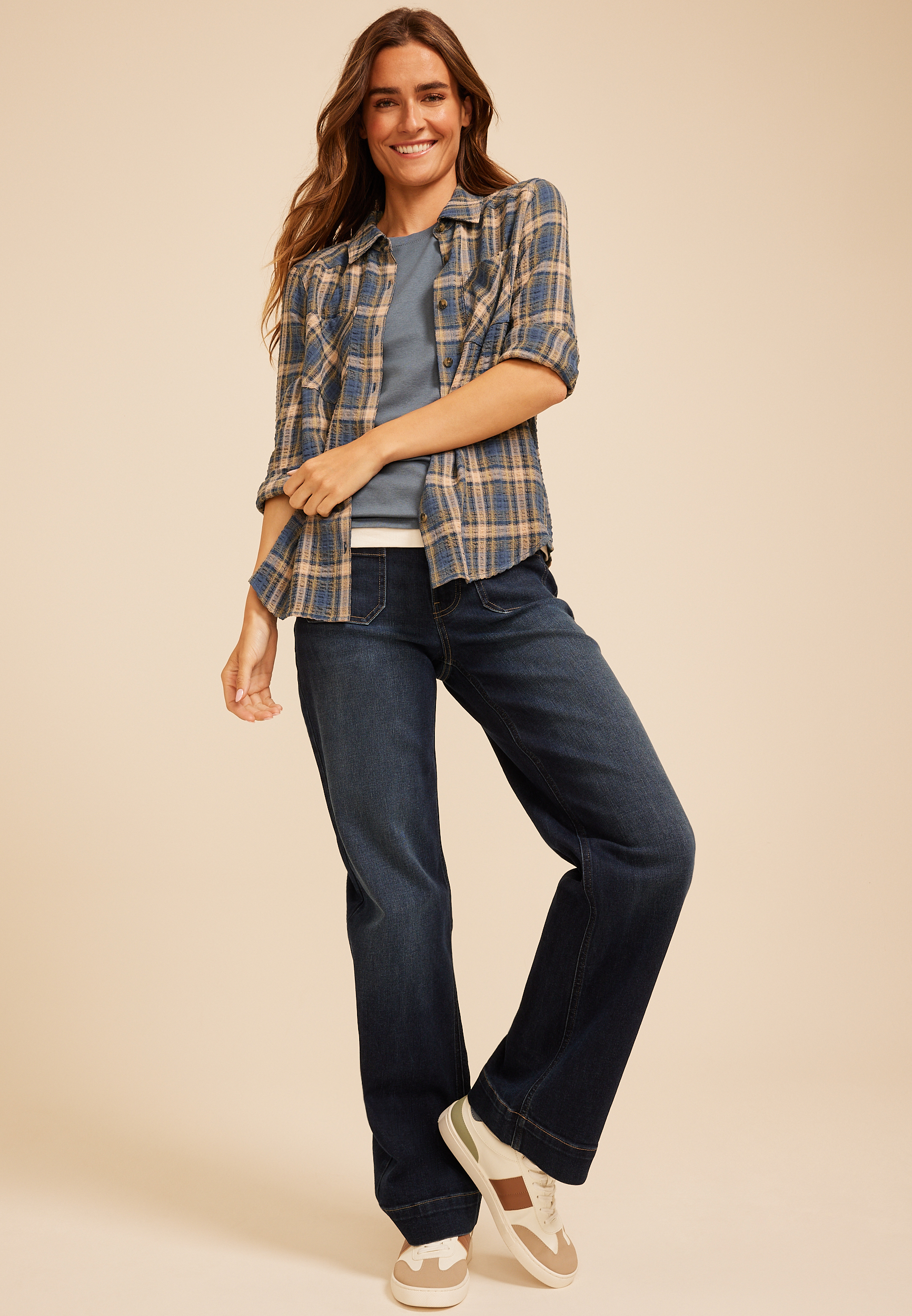 Pucker Plaid Button Down Shirt, C1425, large