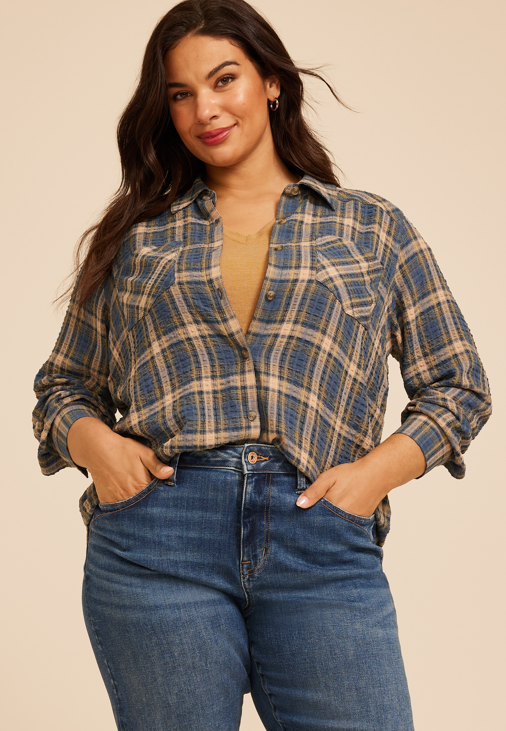 Plus Size Pucker Plaid Button Down Shirt