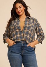 Plus Size Pucker Plaid Button Down Shirt, C1425, small