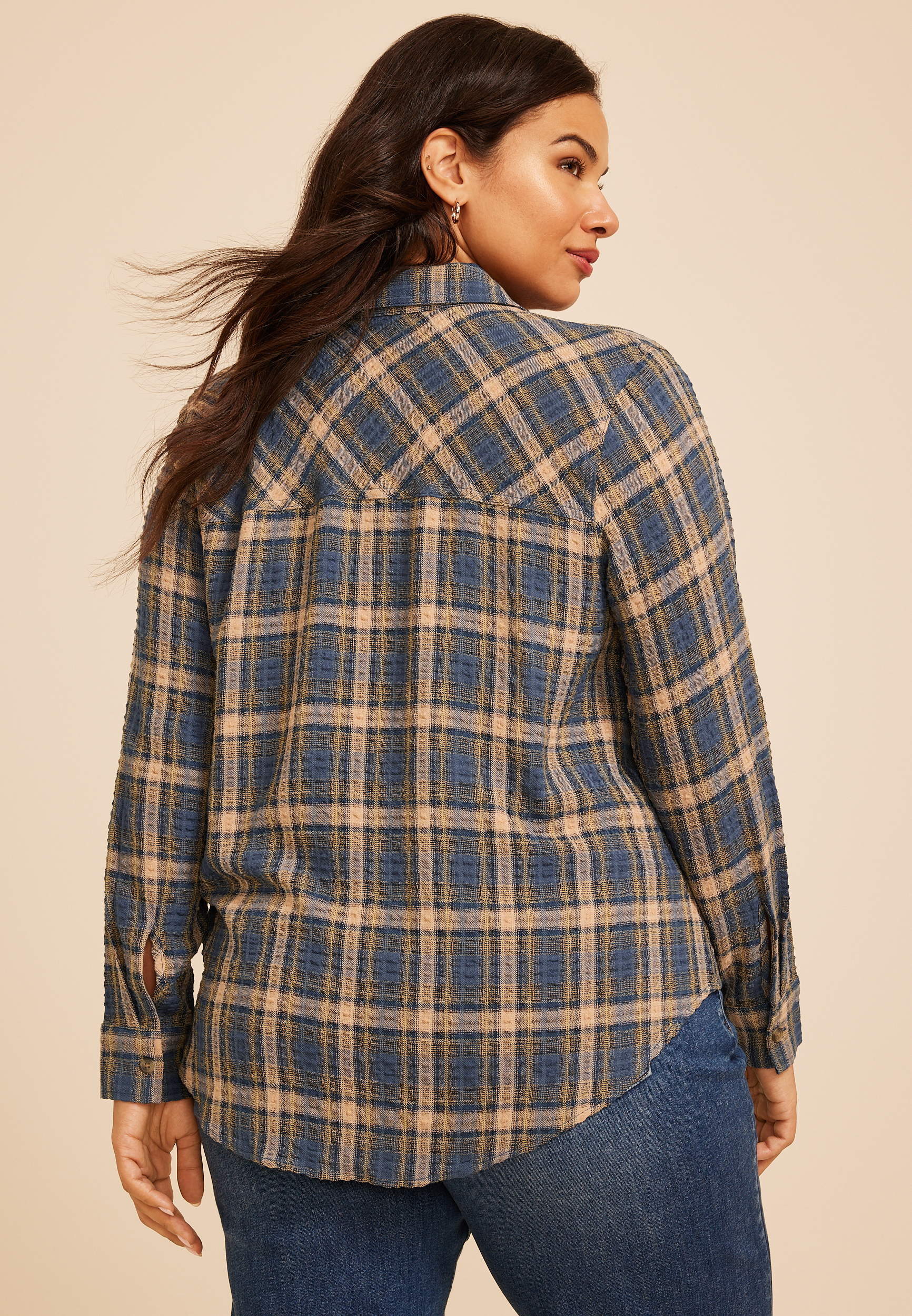 Plus Size Pucker Plaid Button Down Shirt, C1425, large