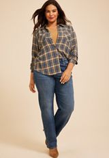 Plus Size Pucker Plaid Button Down Shirt, C1425, small