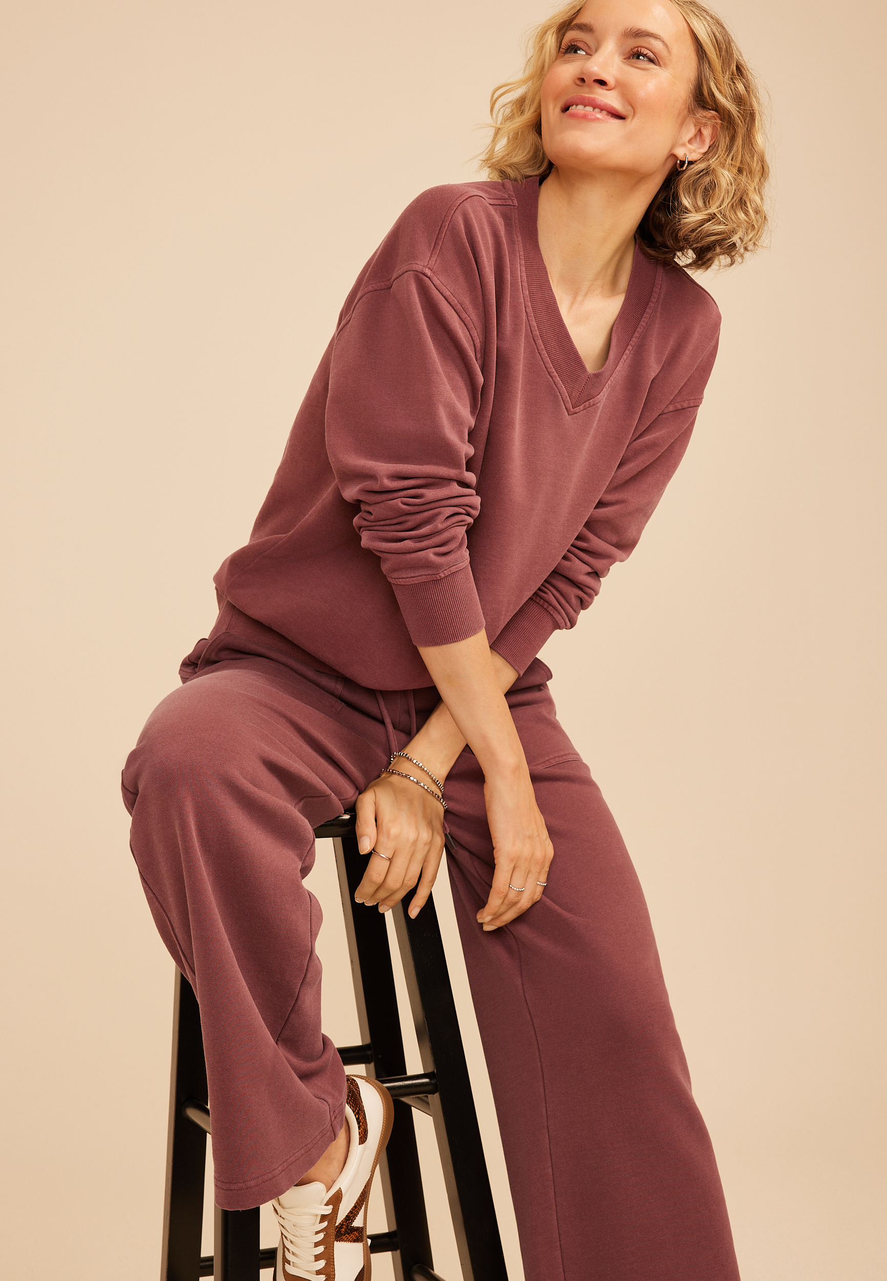 Washed Terry V Neck Sweatshirt