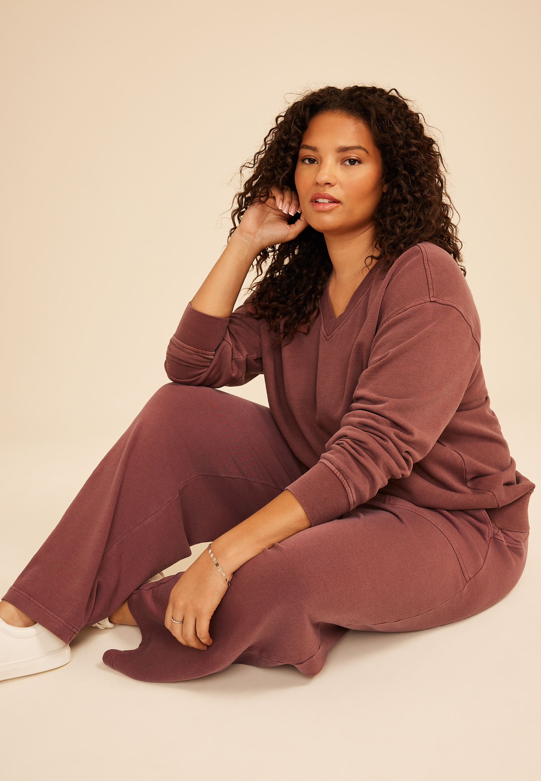 Plus Size Washed Terry V Neck Sweatshirt