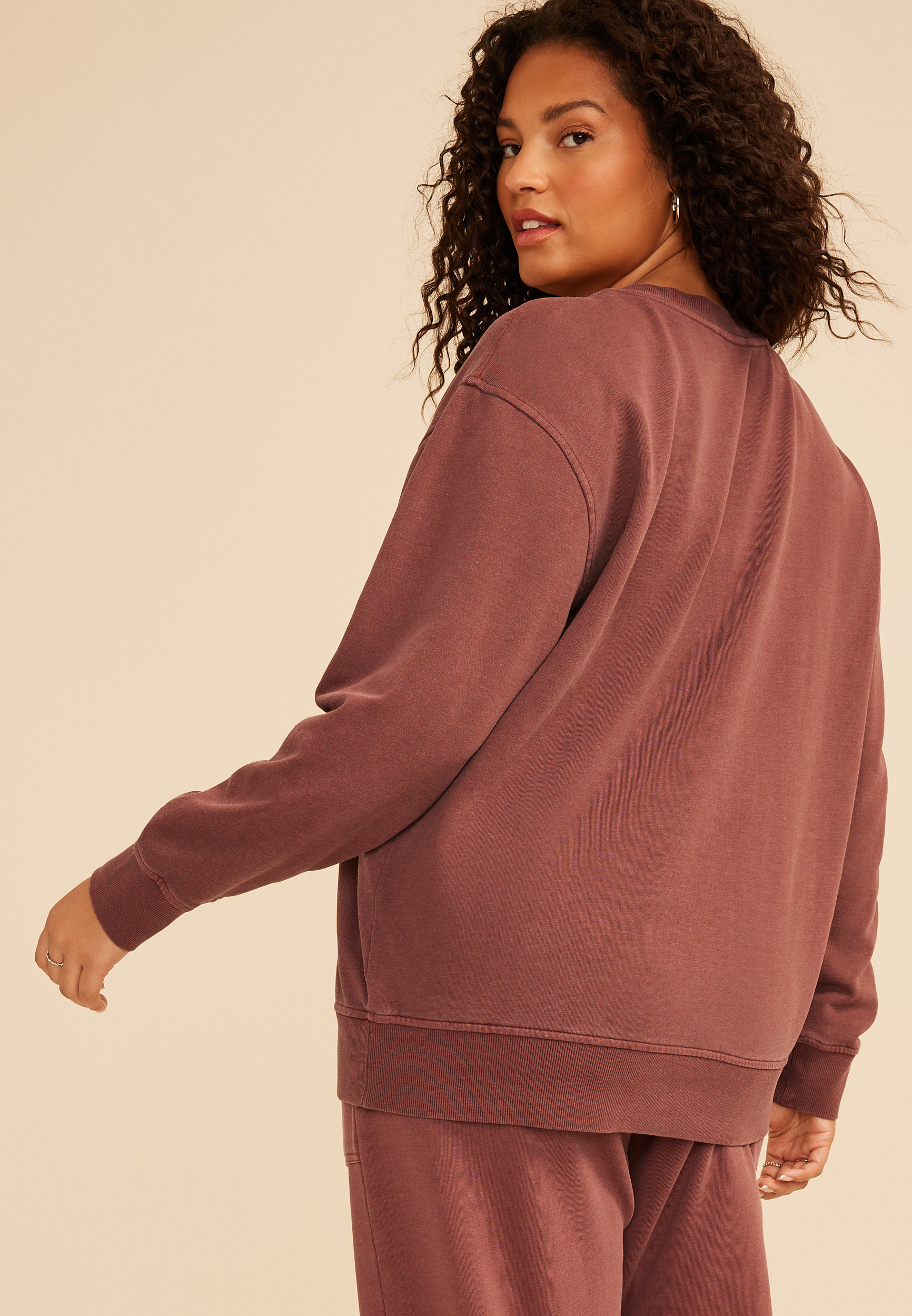 Plus Size Washed Terry V Neck Sweatshirt, COCONUT SHELL, large
