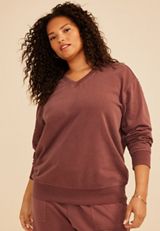 Plus Size Washed Terry V Neck Sweatshirt, COCONUT SHELL, small