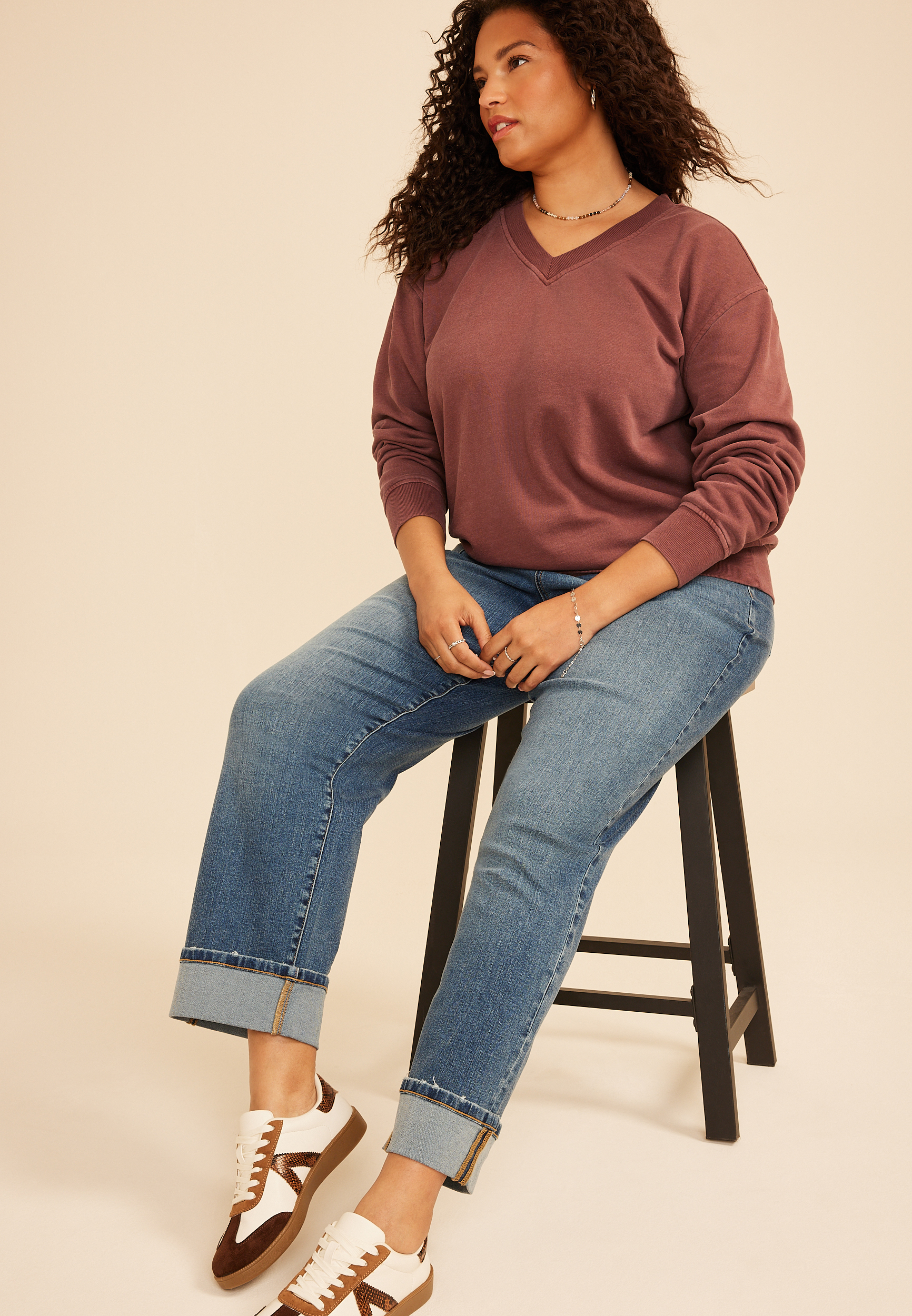 Plus Size Washed Terry V Neck Sweatshirt, COCONUT SHELL, large
