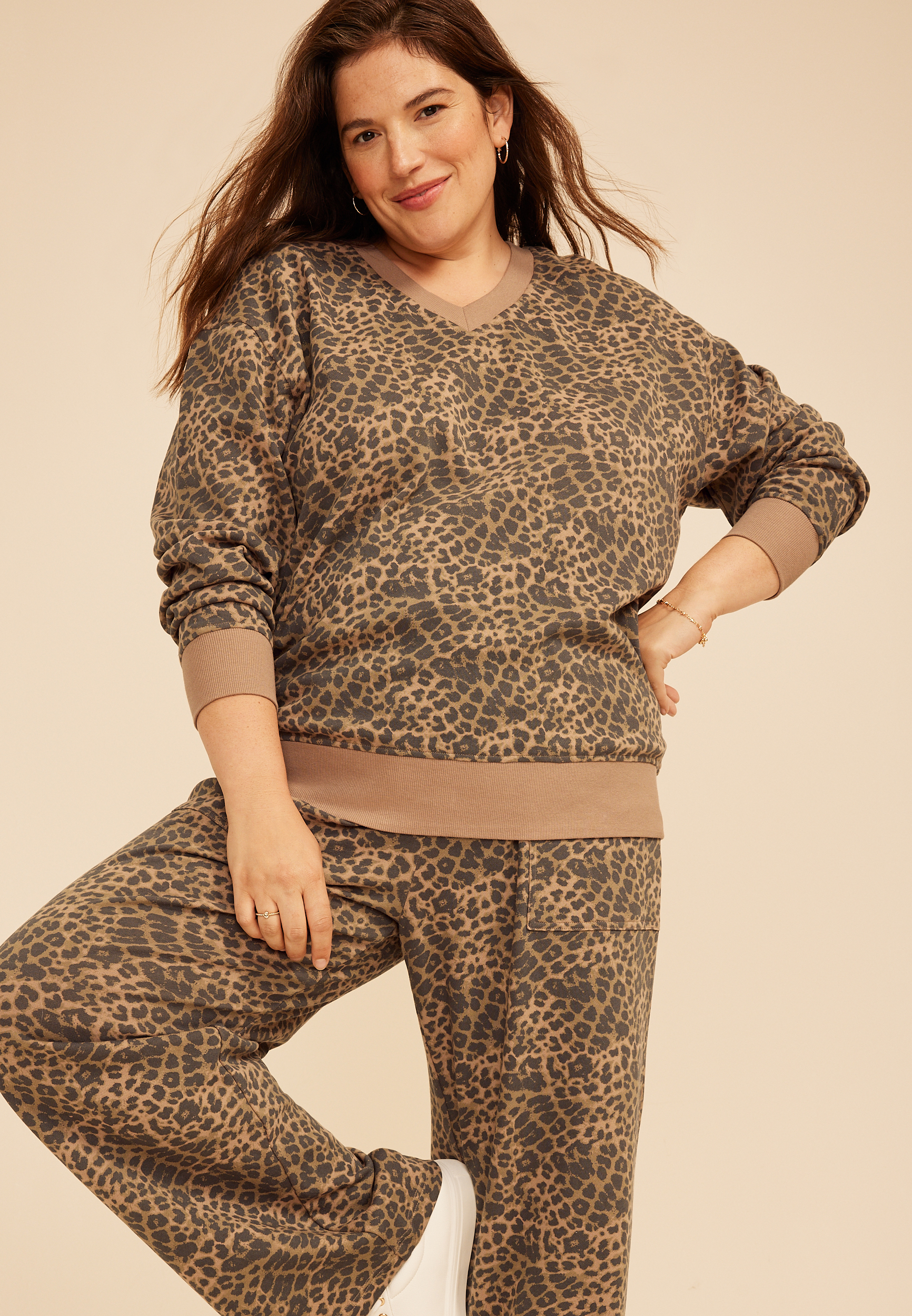 Plus Size Washed Terry V Neck Sweatshirt