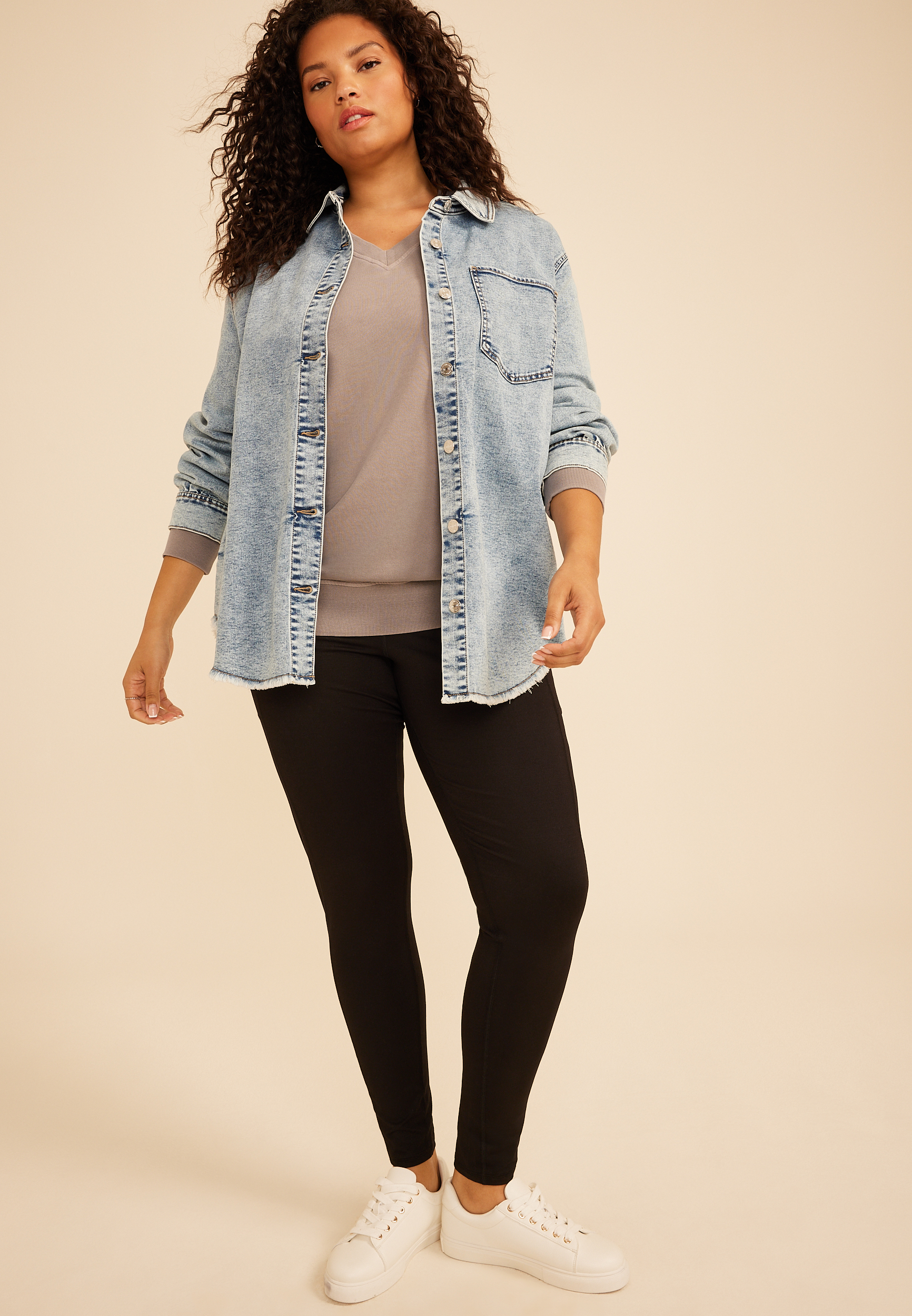 Plus Size Washed Terry V Neck Sweatshirt