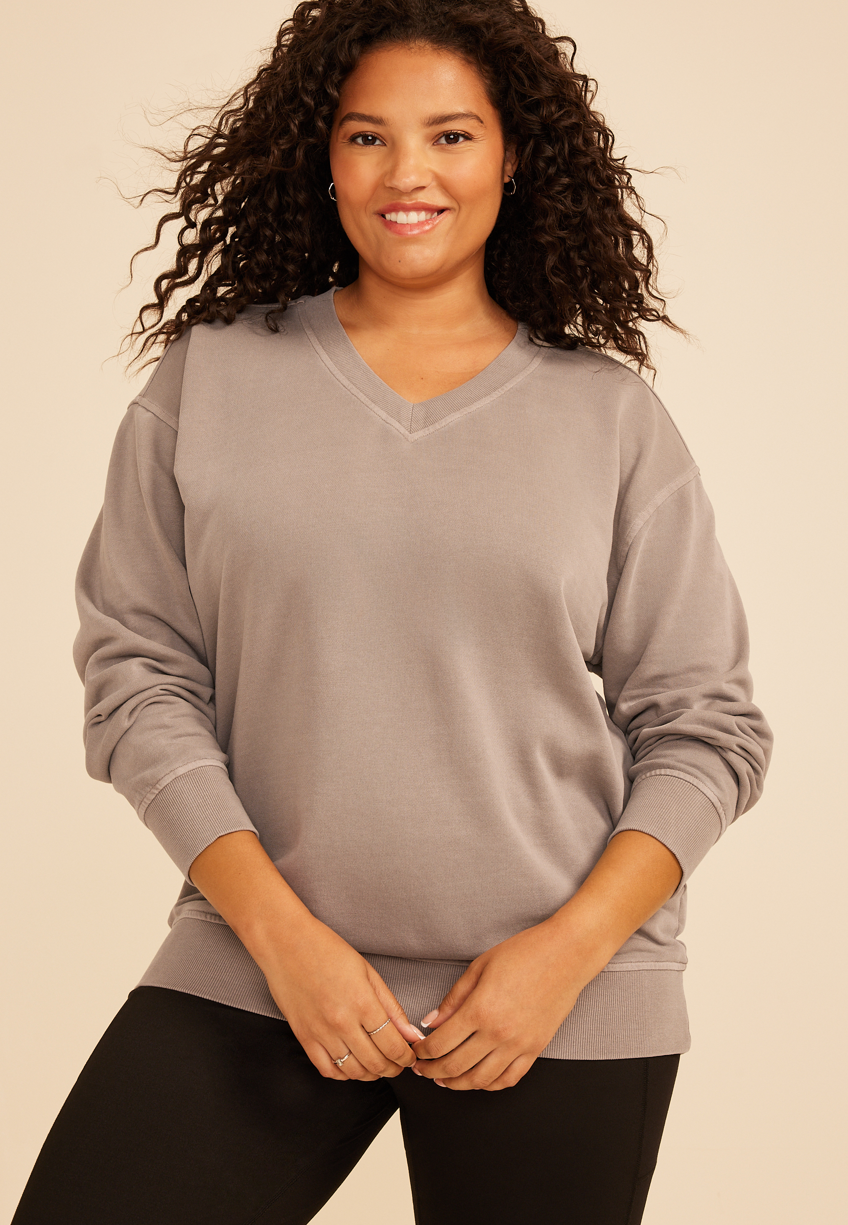 Plus Size Washed Terry V Neck Sweatshirt, SATELITE, large