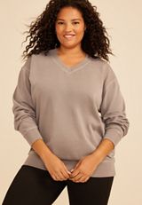 Plus Size Washed Terry V Neck Sweatshirt, SATELITE, small