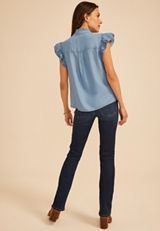 Ruffle Trim Denim Button Front Shirt, C740, small