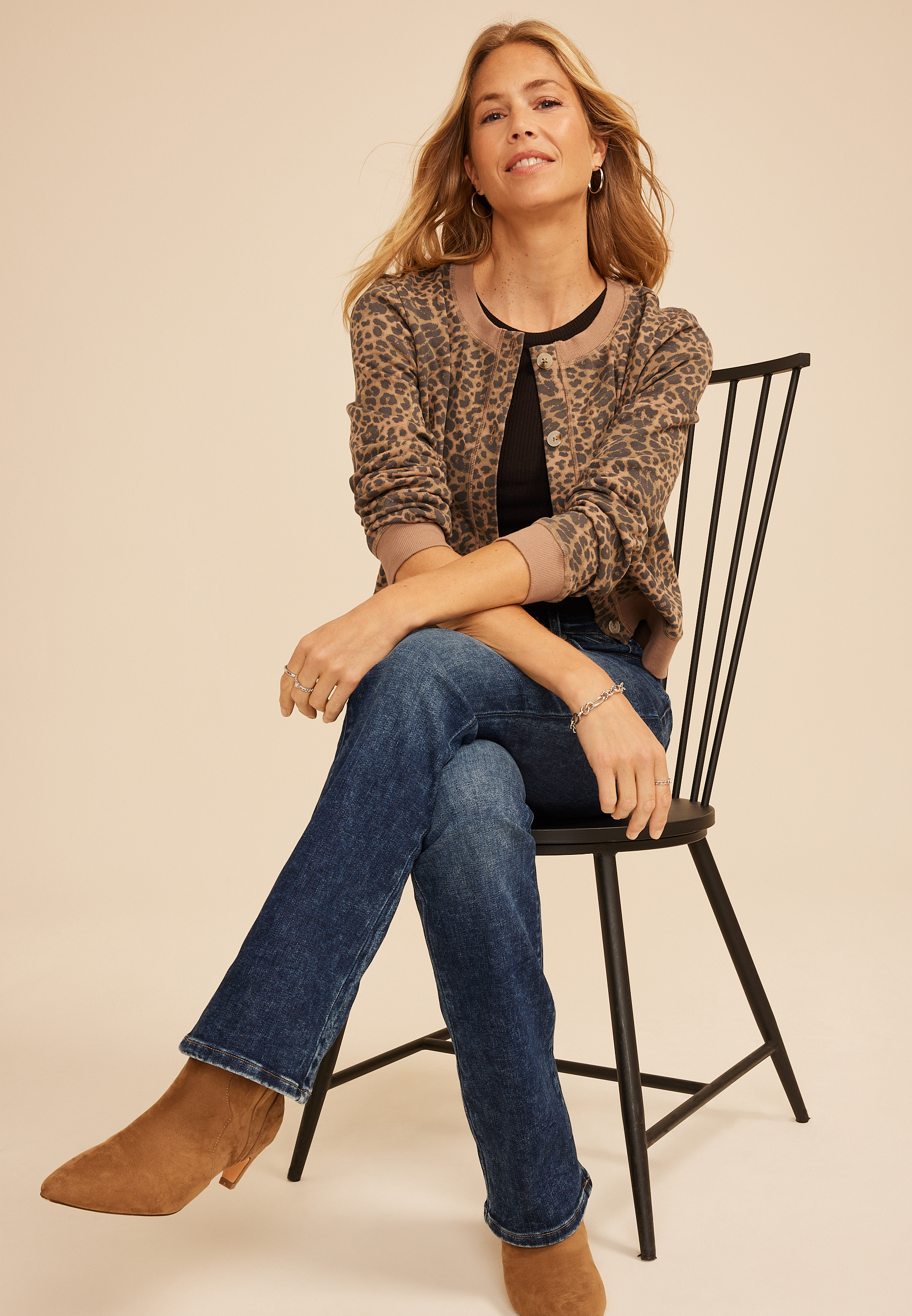 Washed Terry Leopard Button Front Cardigan, C5296, large