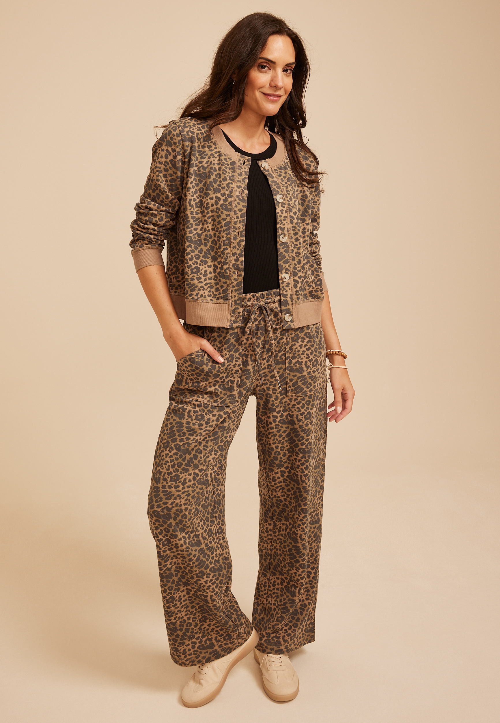Washed Terry Leopard Button Front Cardigan, C5296, large