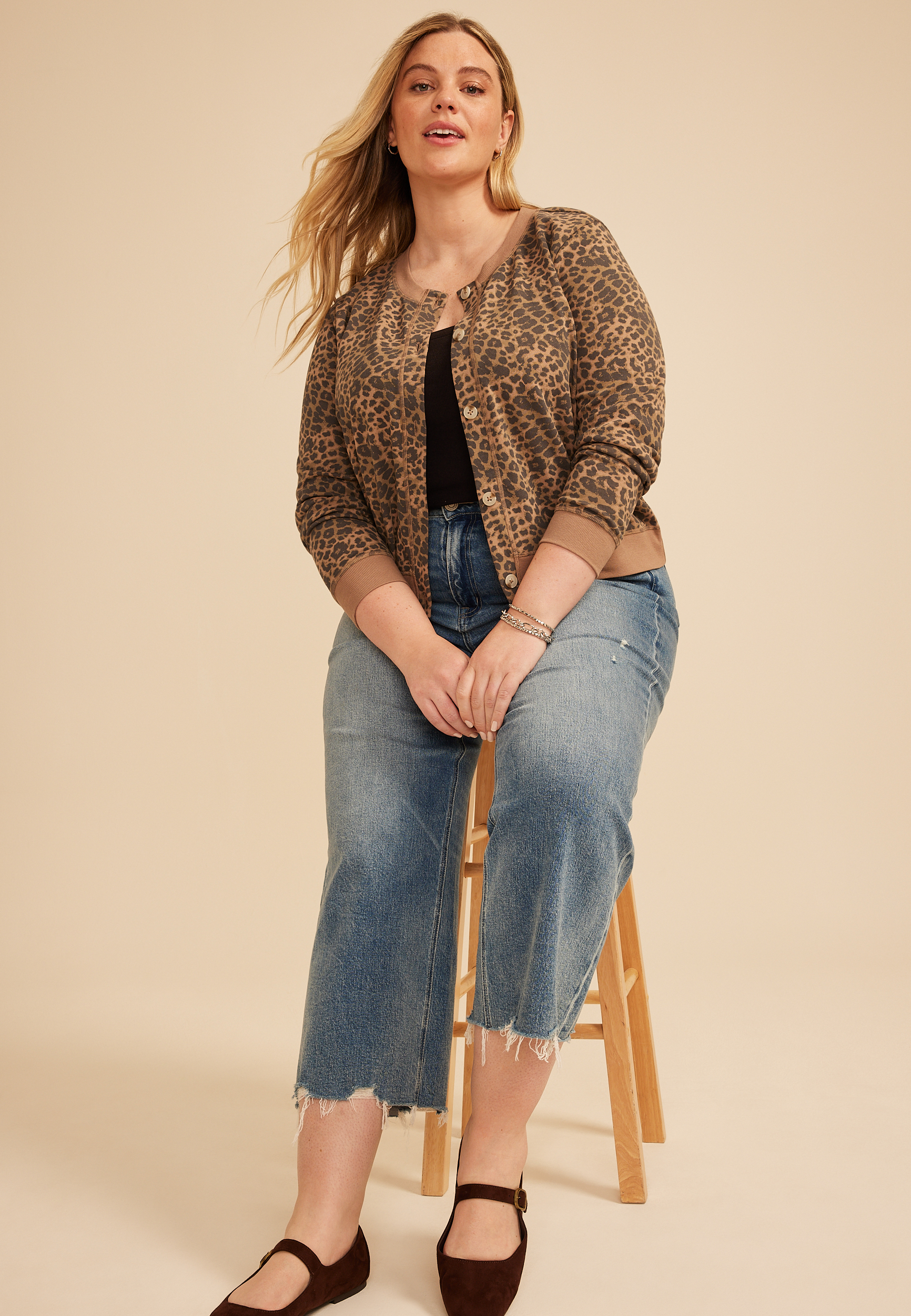Plus Size Washed Terry Leopard Button Front Cardigan