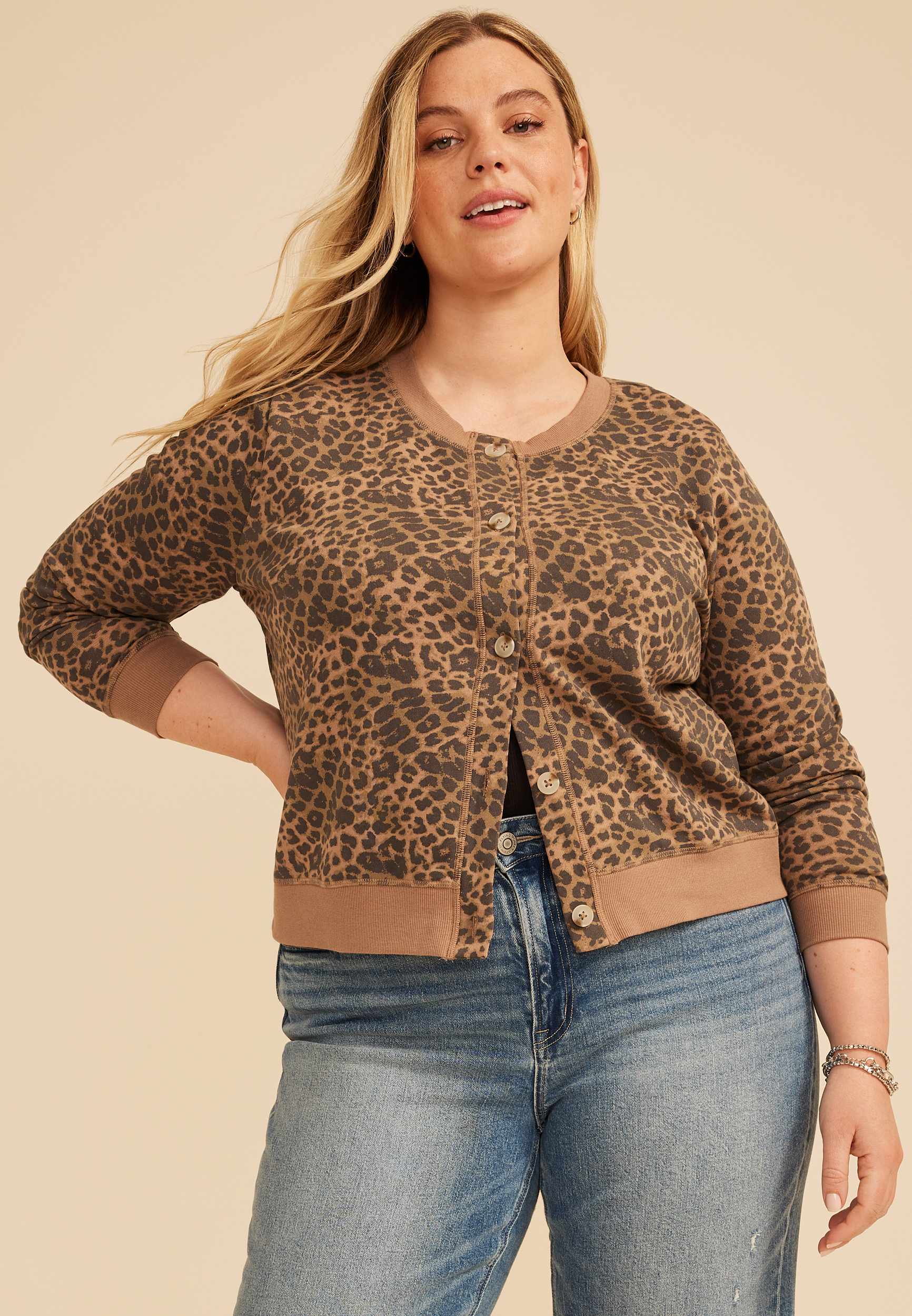 Plus Size Washed Terry Leopard Button Front Cardigan, C5296, large