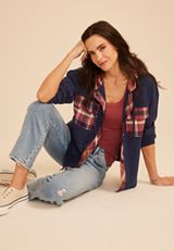 Plaid Hood Waffle Knit Shacket, C6666, small