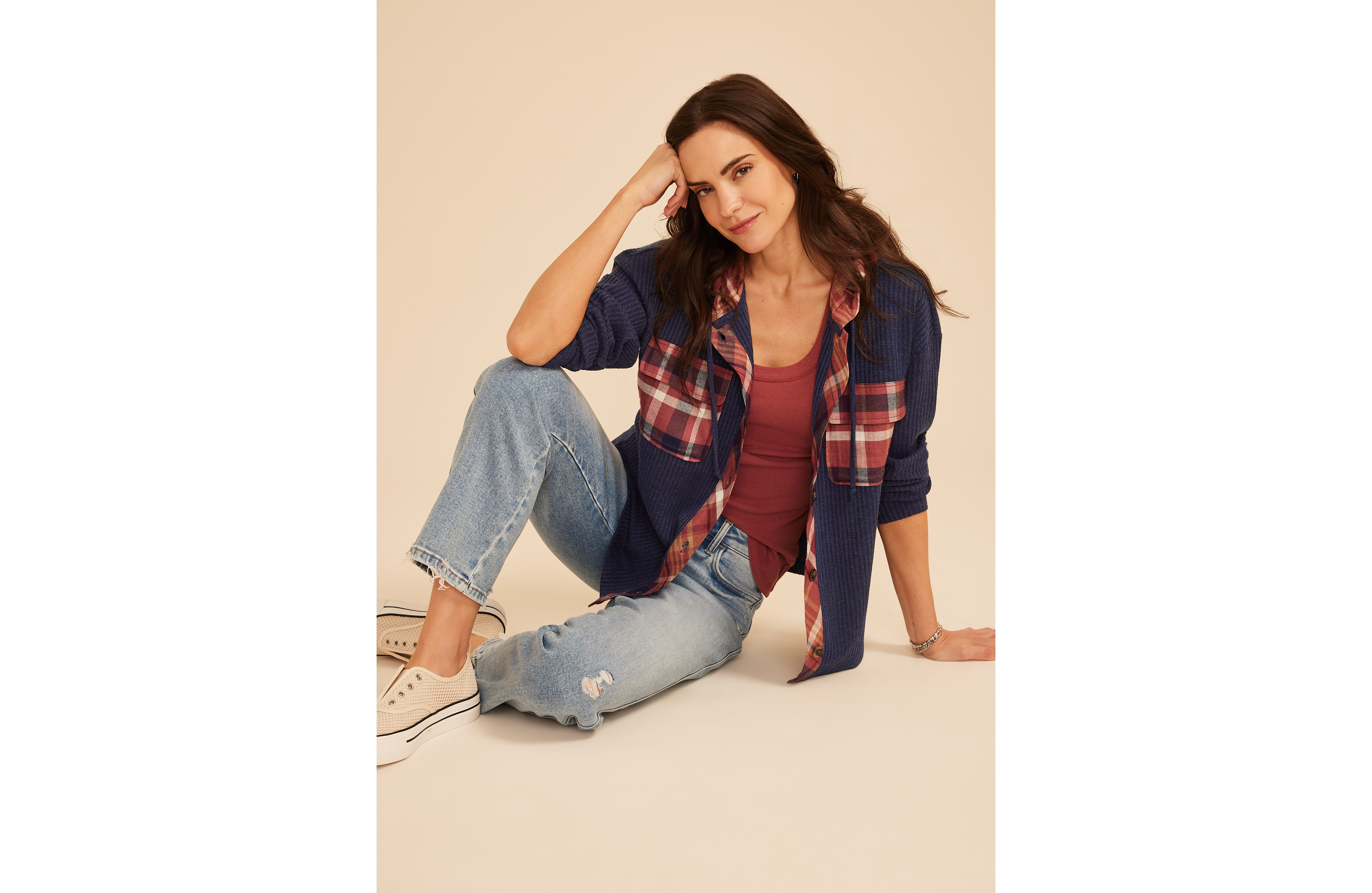 Plaid Hood Waffle Knit Shacket