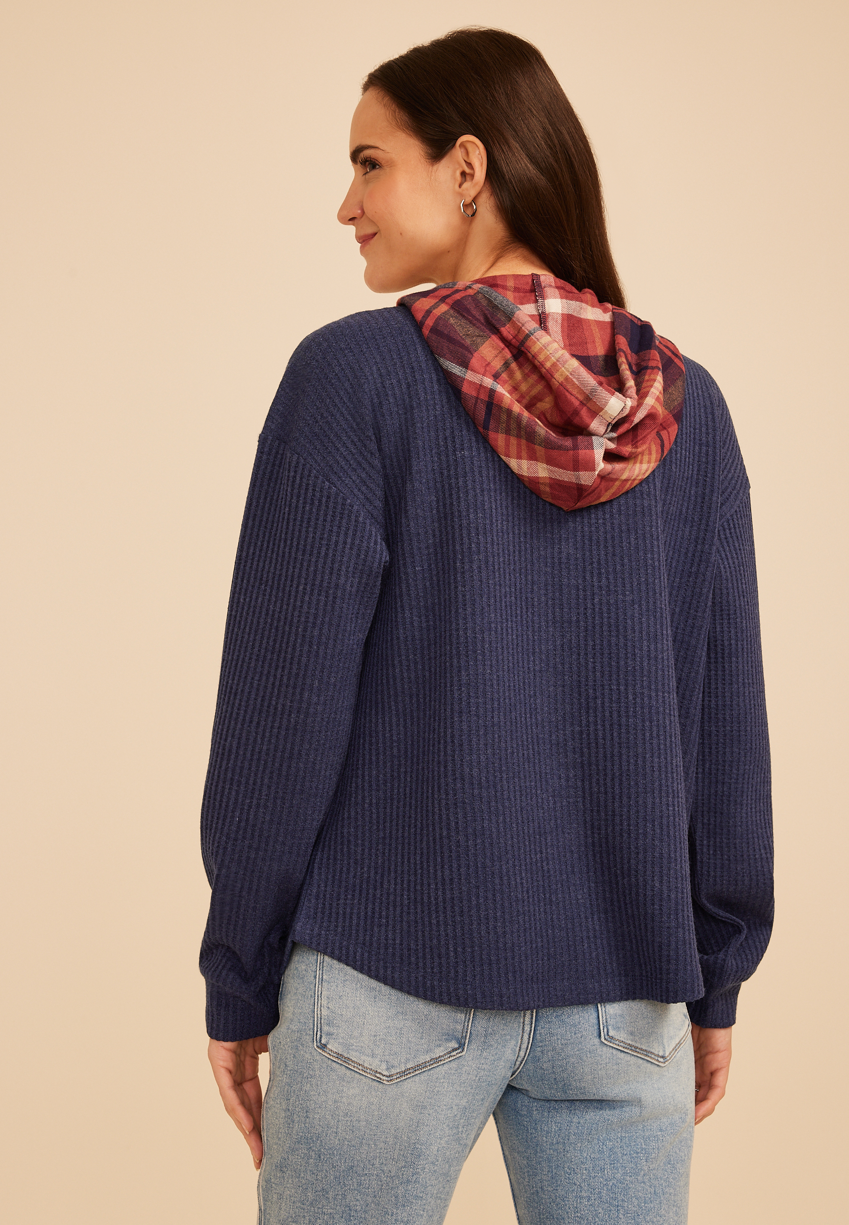 Plaid Hood Waffle Knit Shacket, C6666, large