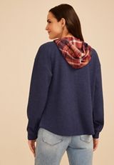 Plaid Hood Waffle Knit Shacket, C6666, small