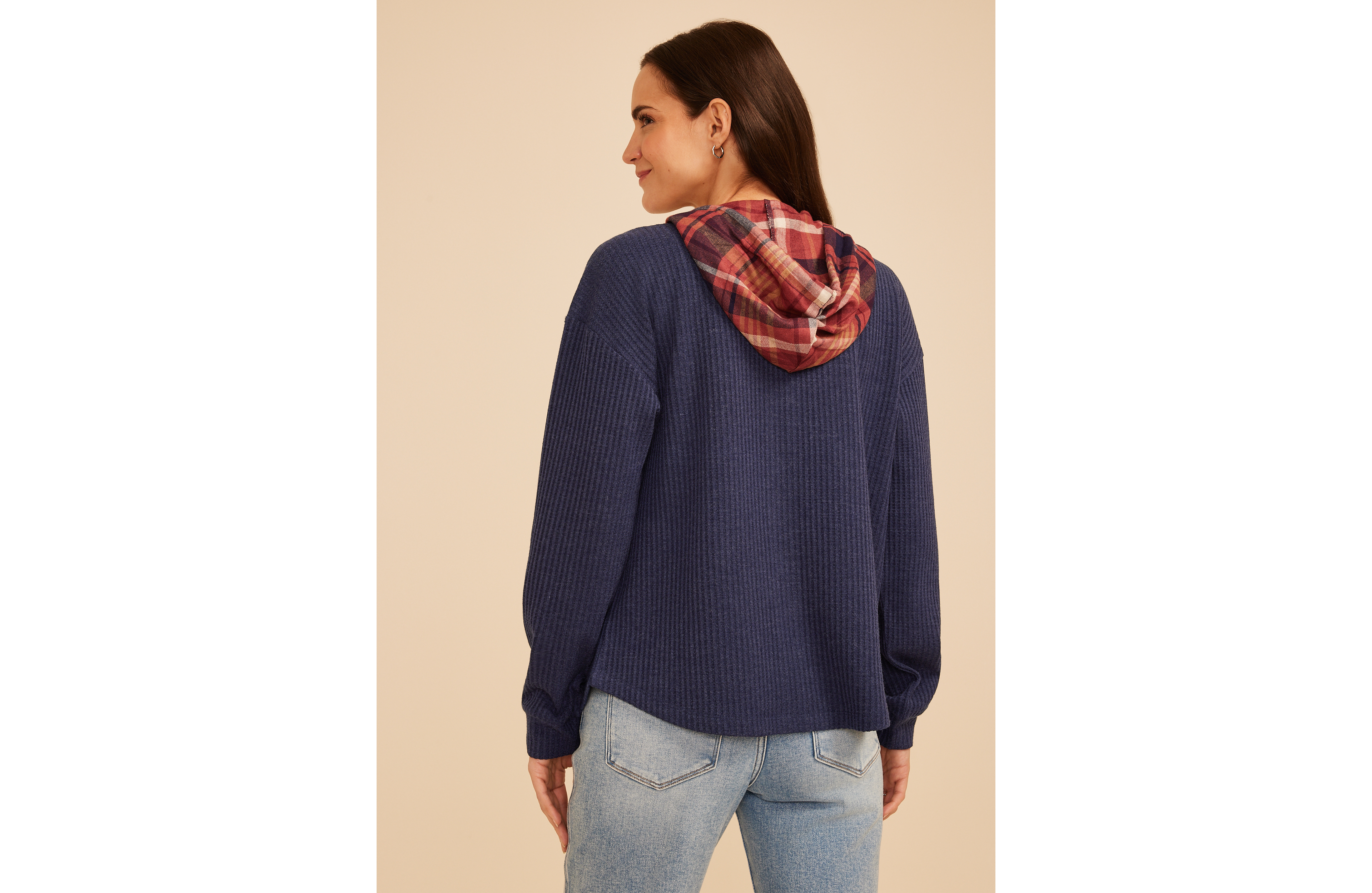 Plaid Hood Waffle Knit Shacket