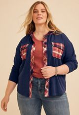 Plus Size Plaid Hood Waffle Knit Shacket, C6666, small
