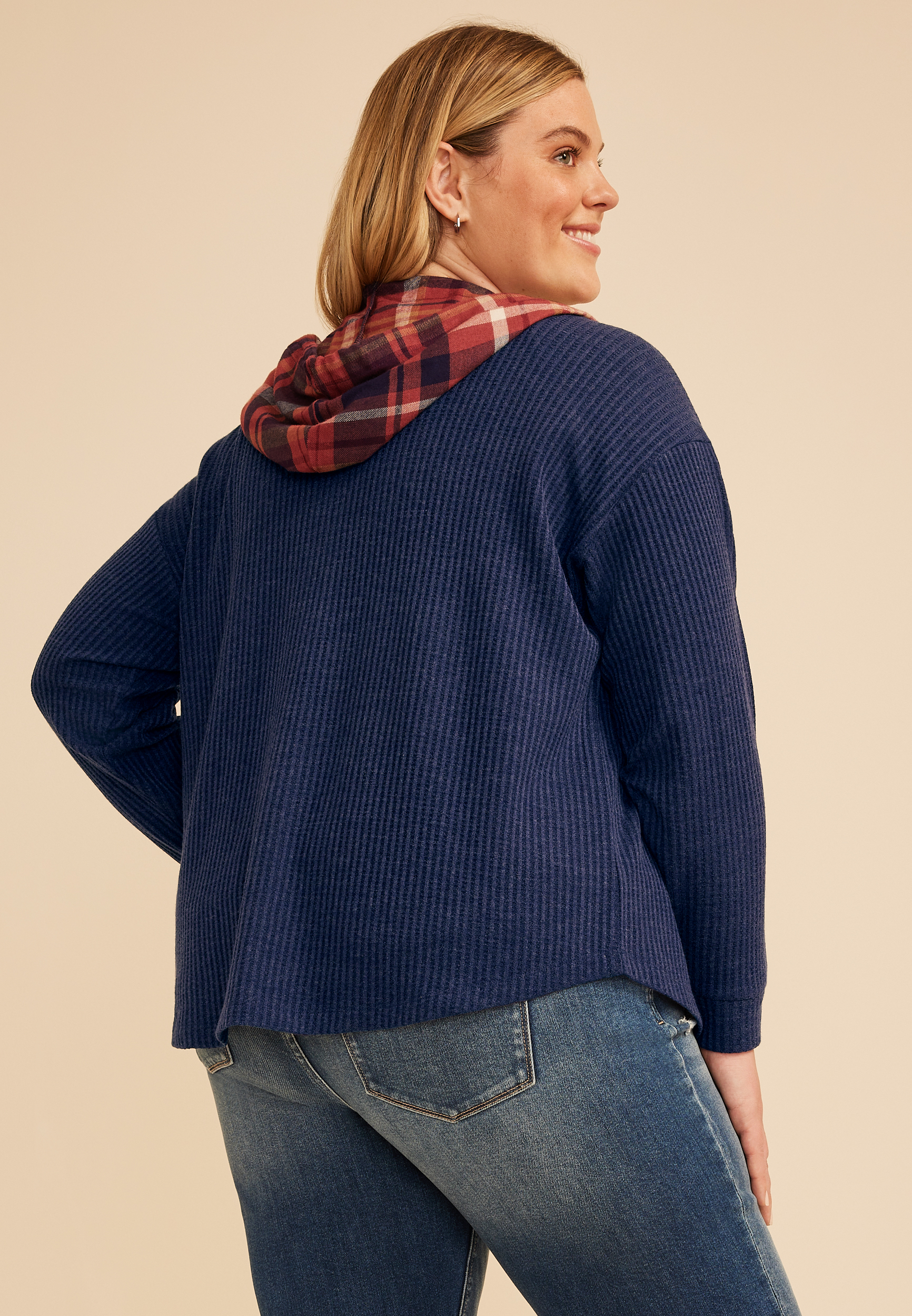 Plus Size Plaid Hood Waffle Knit Shacket, C6666, large