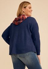 Plus Size Plaid Hood Waffle Knit Shacket, C6666, small