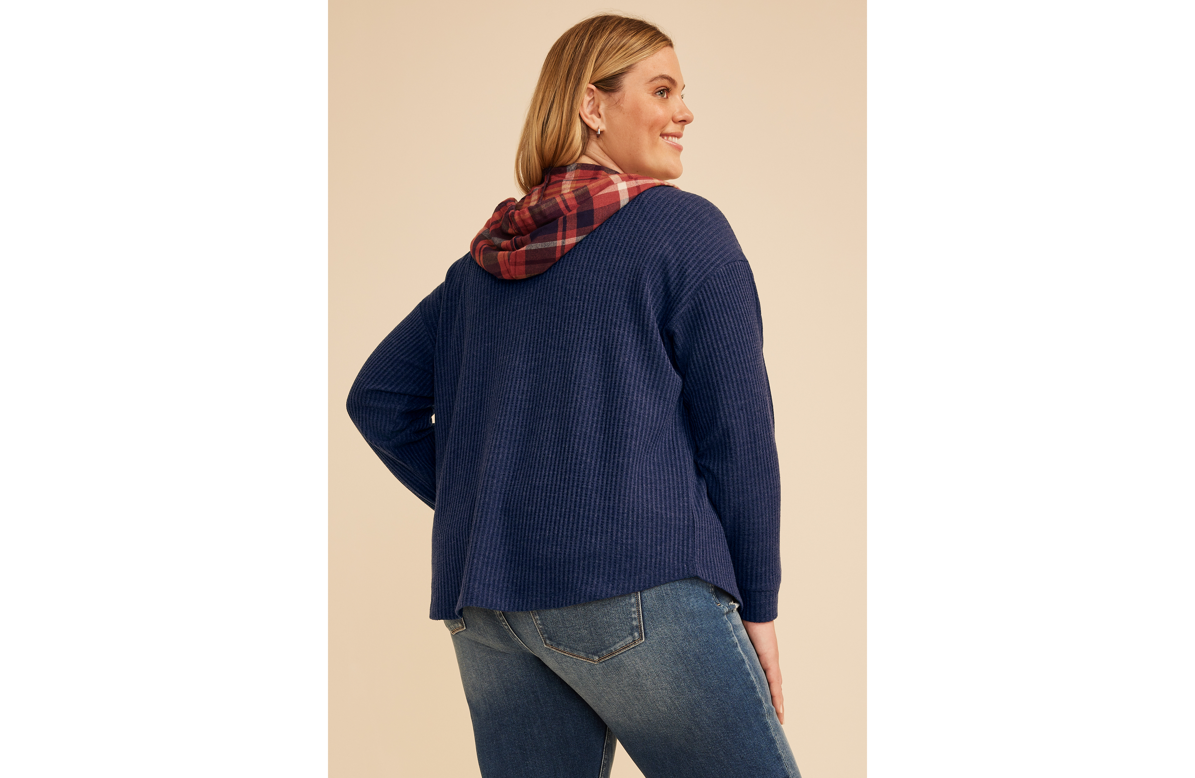 Plus Plaid Hood Waffle Knit Shacket