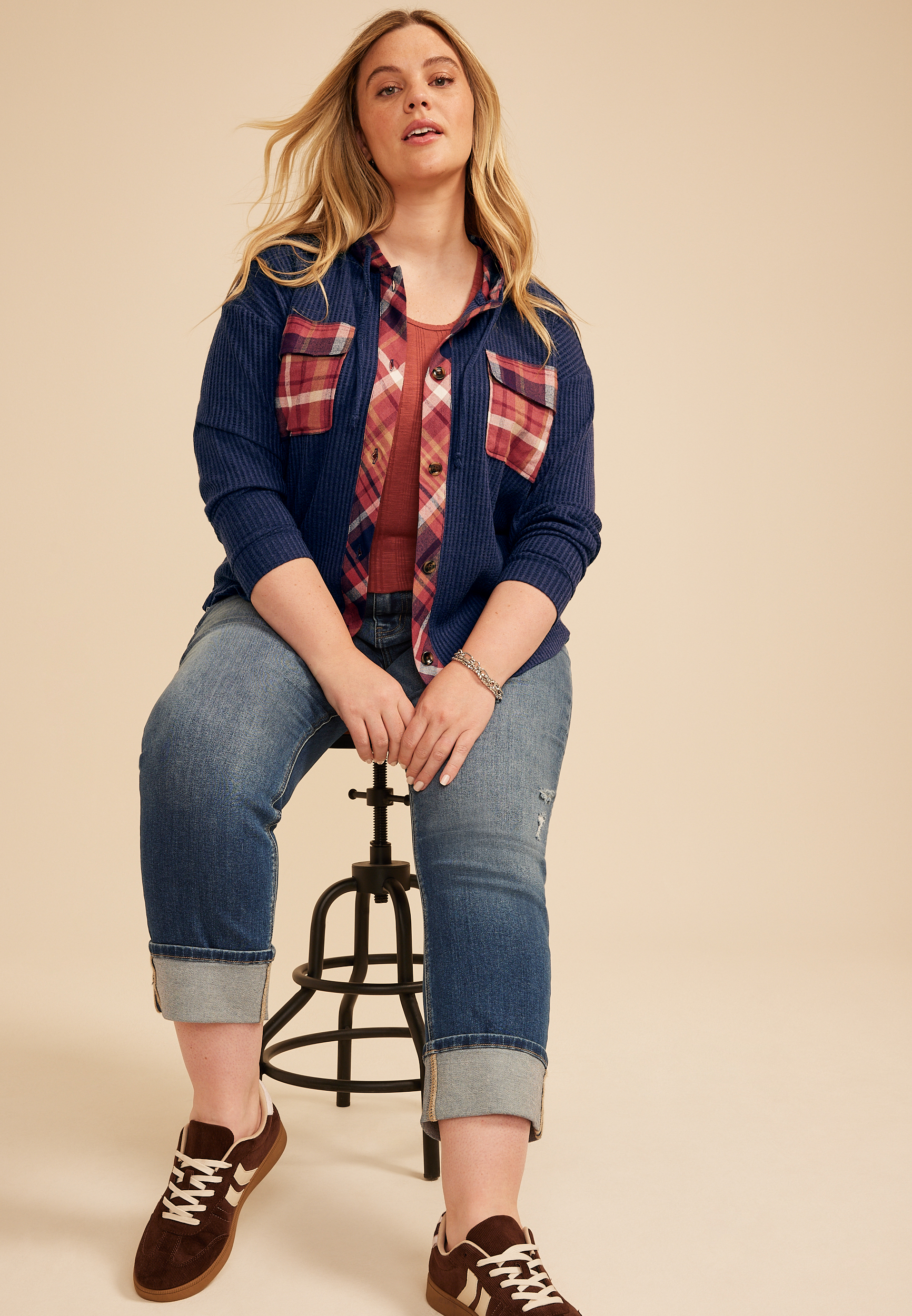 Plus Size Plaid Hood Waffle Knit Shacket, C6666, large
