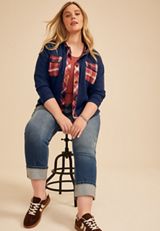 Plus Size Plaid Hood Waffle Knit Shacket, C6666, small