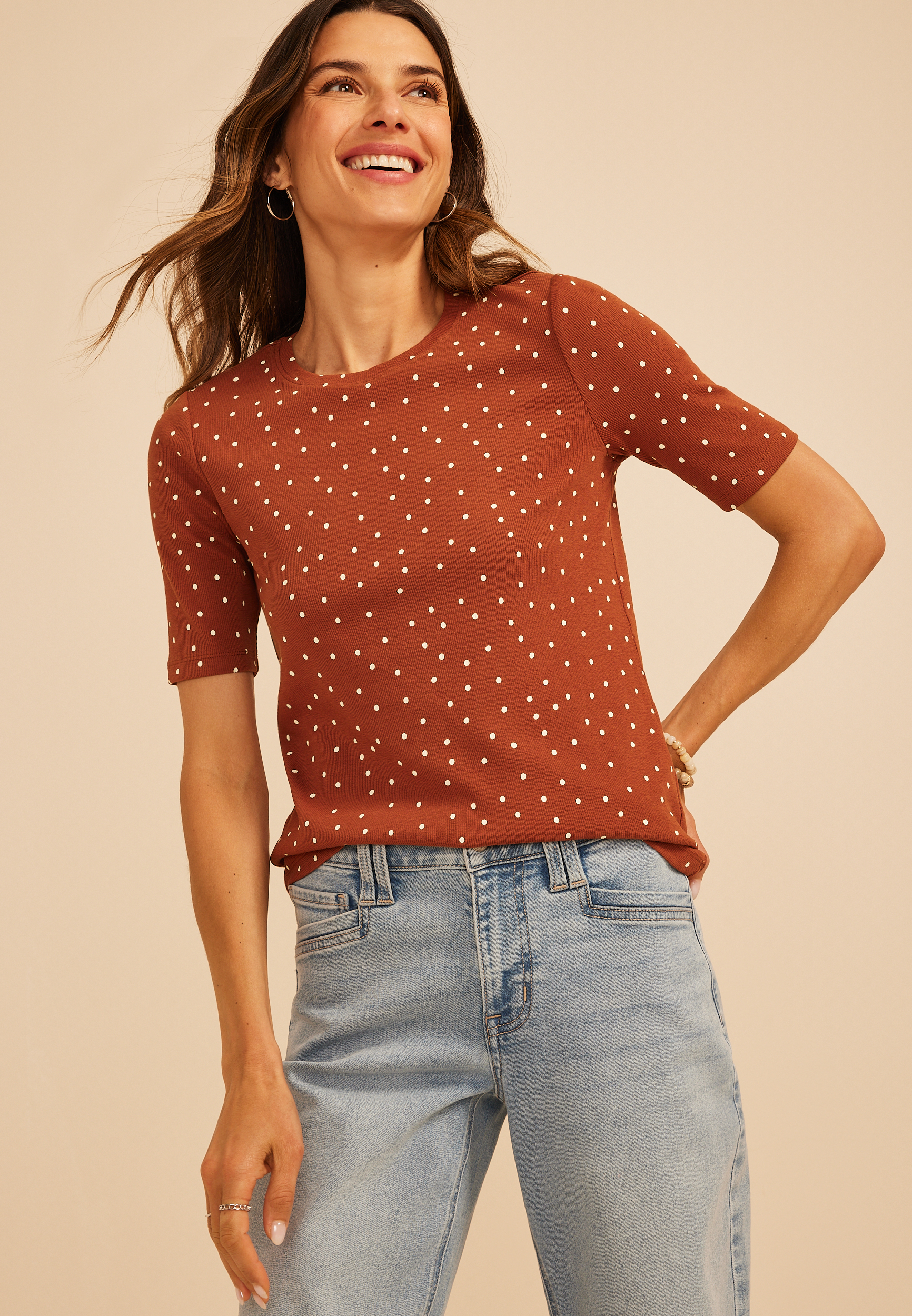 24/7 Polka Dot Ribbed Elbow Sleeve Tee, C4825, large