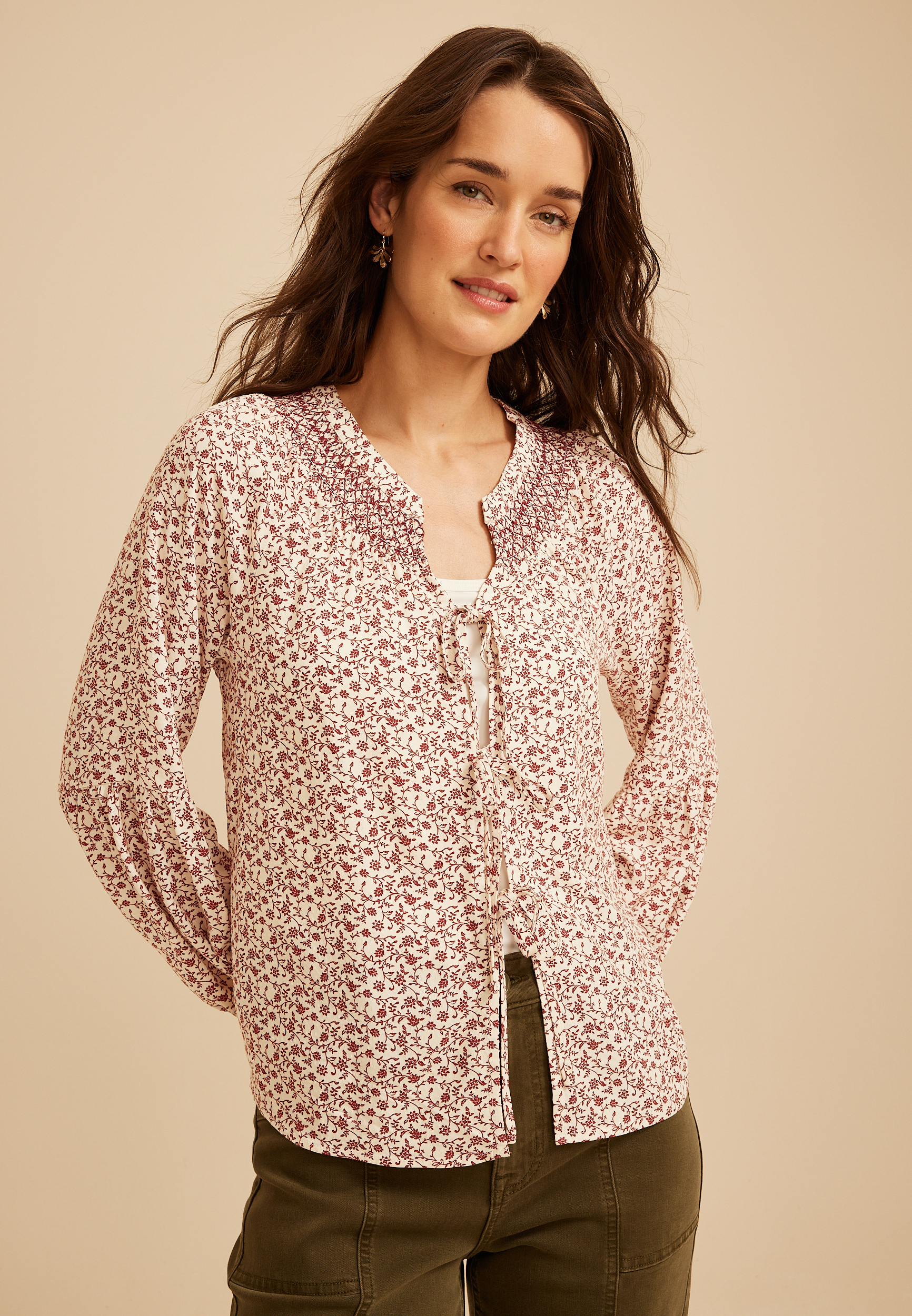 Floral Tie Front Peasant Top