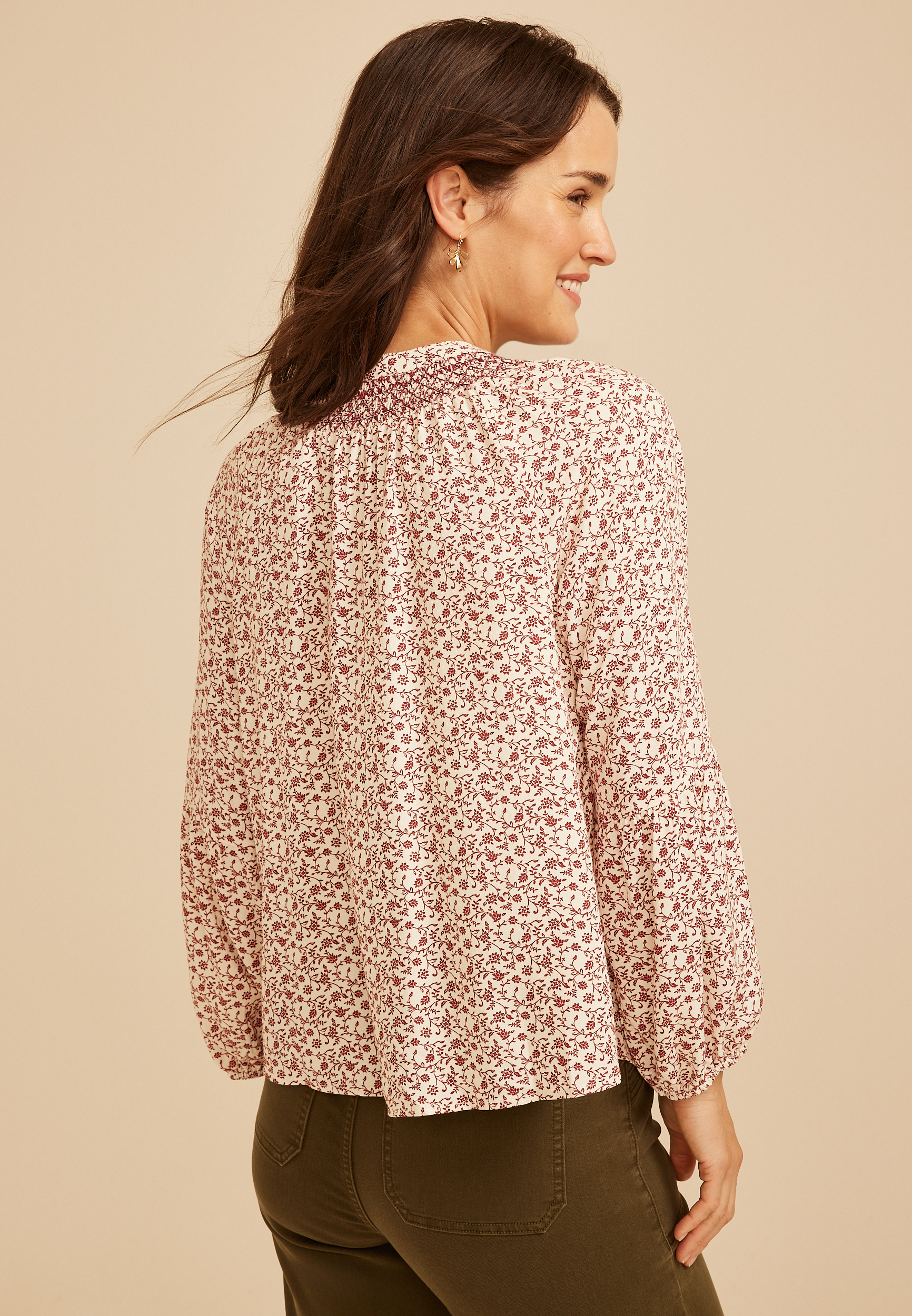 Floral Tie Front Peasant Top, C5729, large