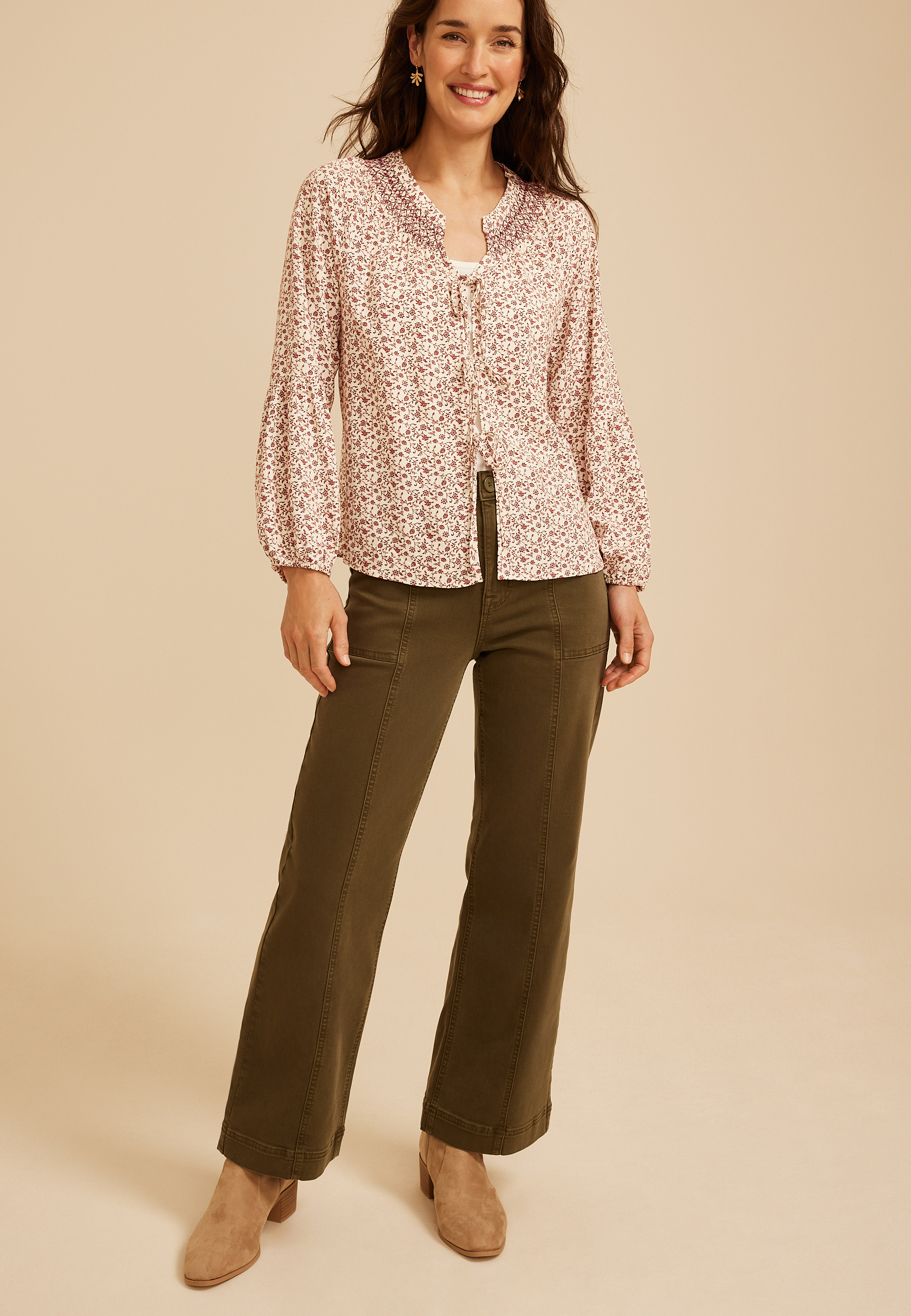 Floral Tie Front Peasant Top, C5729, large