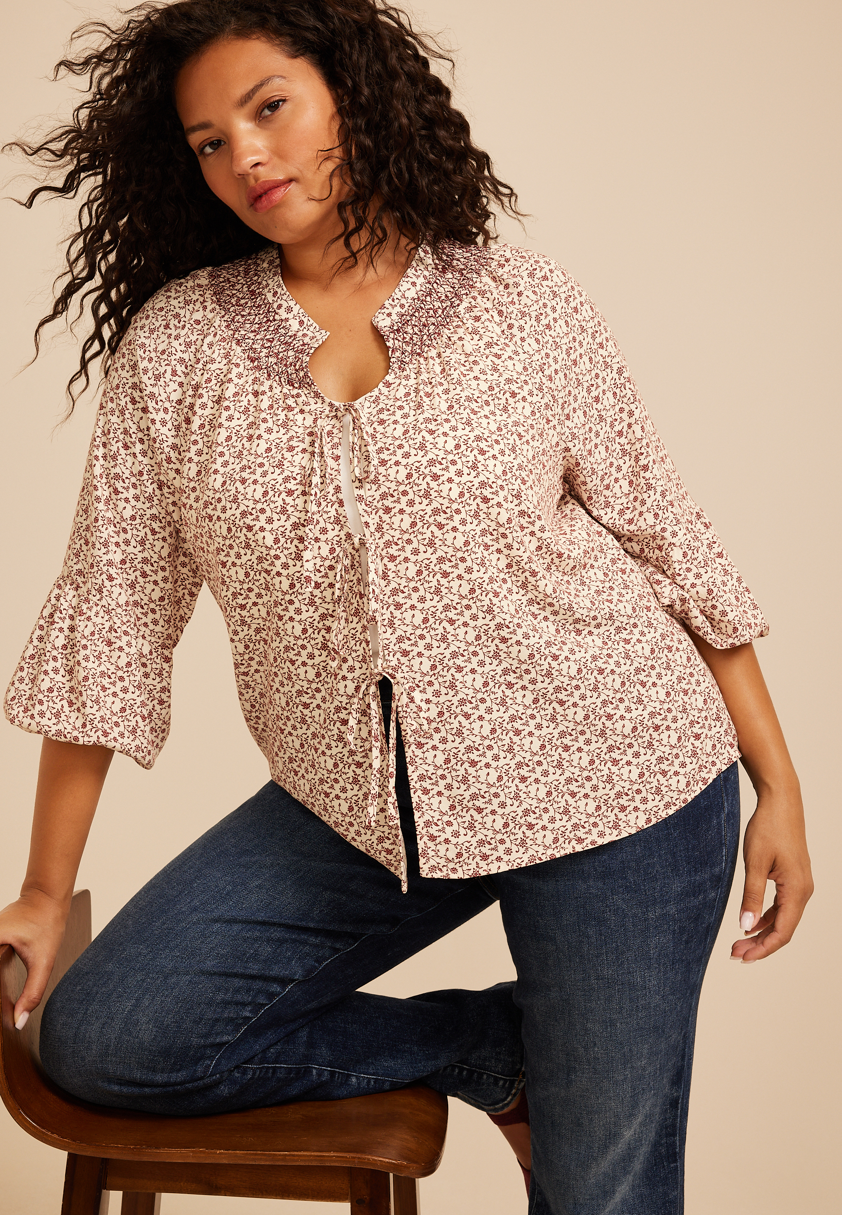 Plus Size Floral Tie Front Peasant Top
