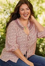 Plus Size Floral Tie Front Peasant Top, C5729, small