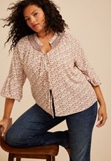 Plus Size Floral Tie Front Peasant Top, C5729, small