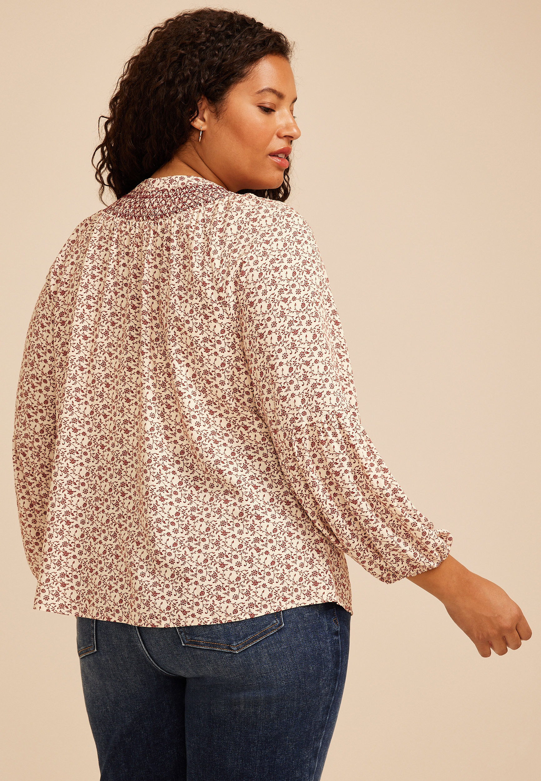 Plus Size Floral Tie Front Peasant Top, C5729, large