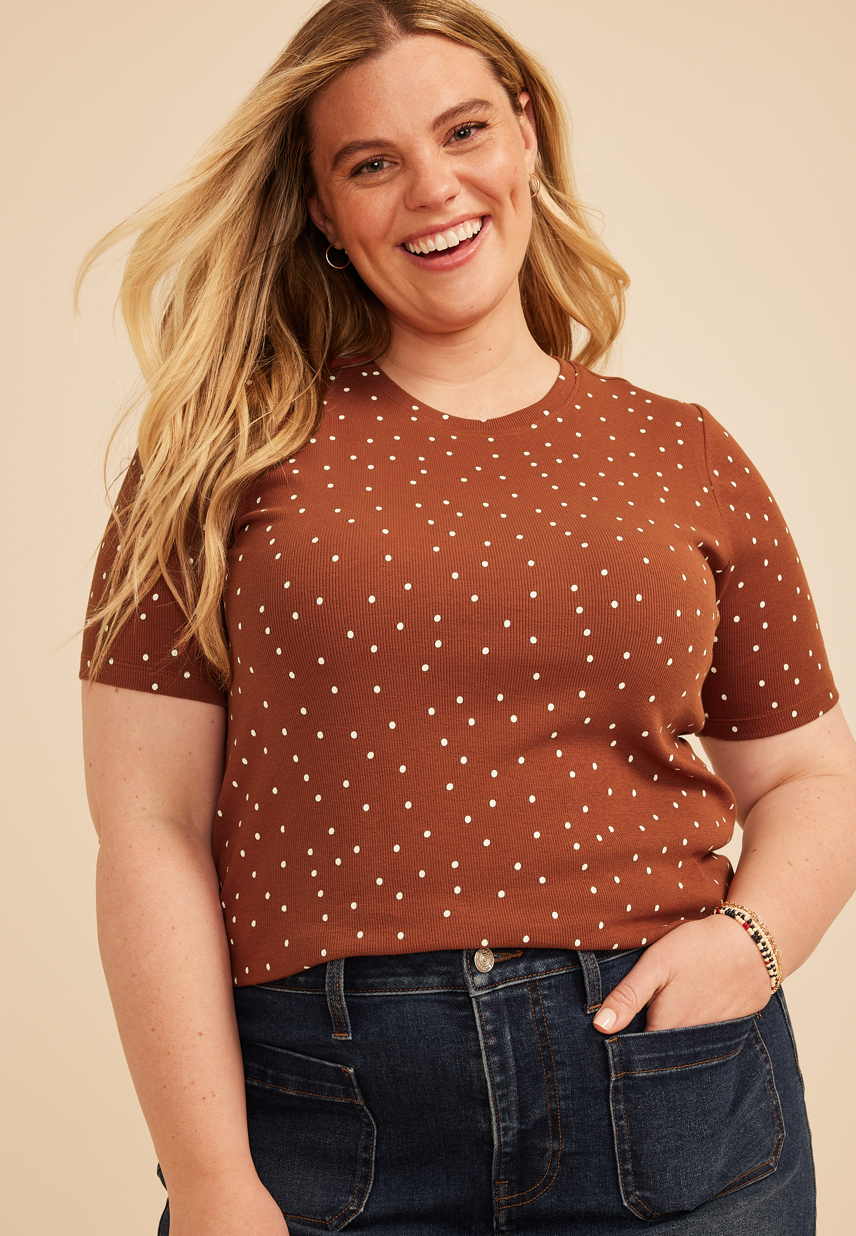 Plus Size 24/7 Polka Dot Ribbed Elbow Sleeve Tee, C4825, large