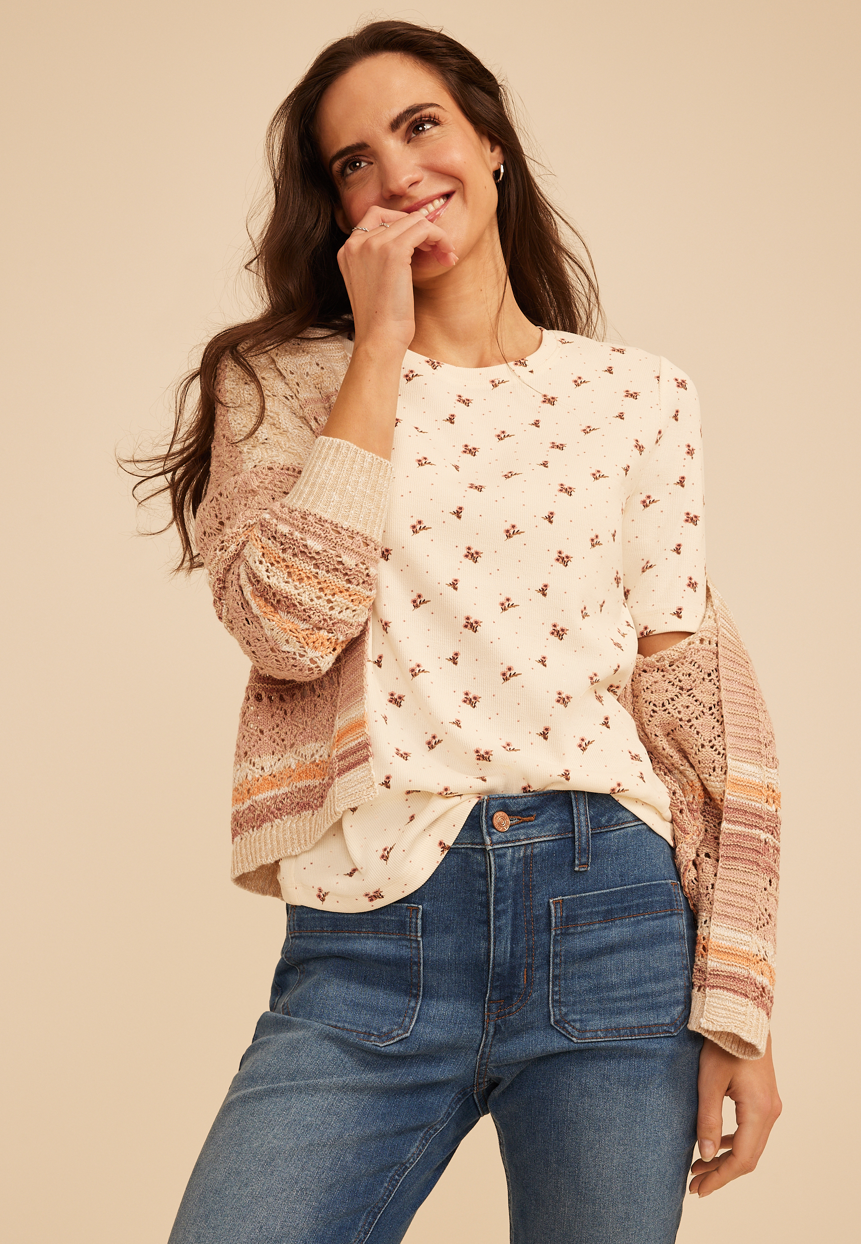 24/7 Floral Ribbed Elbow Sleeve Tee