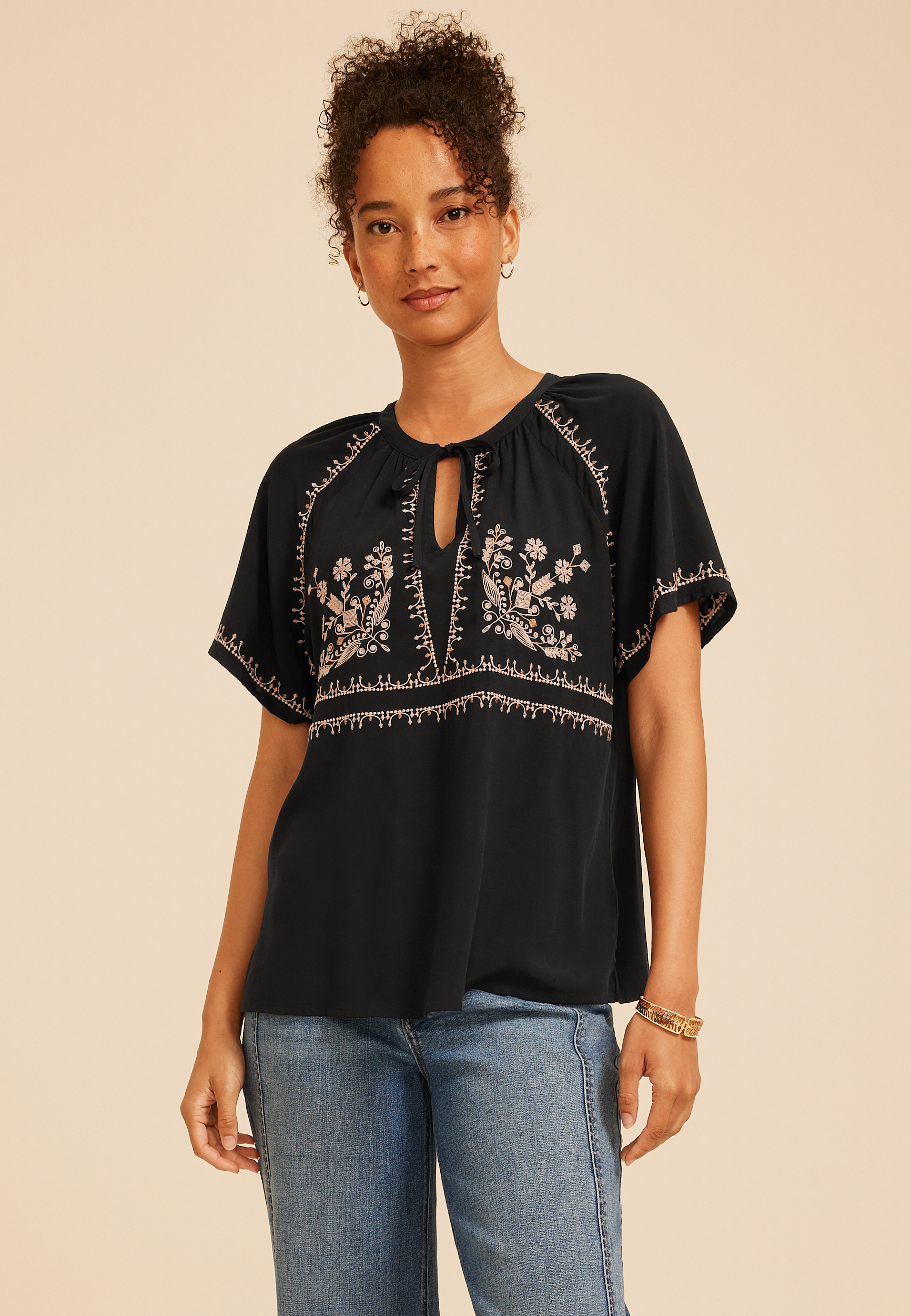Embroidered Tie Front Peasant Top