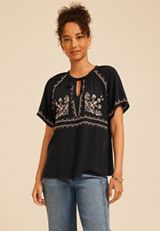 Embroidered Tie Front Peasant Top, C106, small