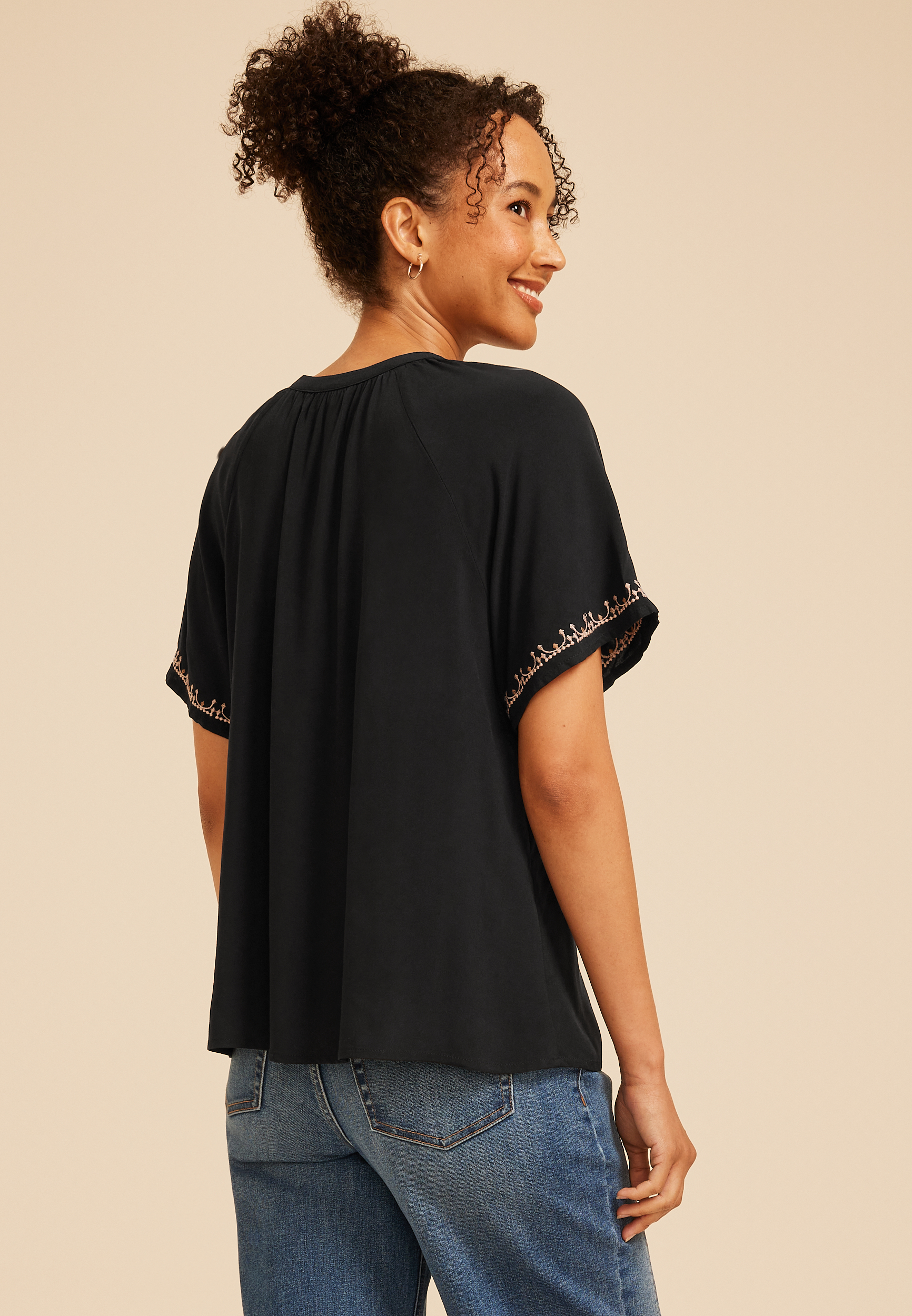 Embroidered Tie Front Peasant Top, C106, large